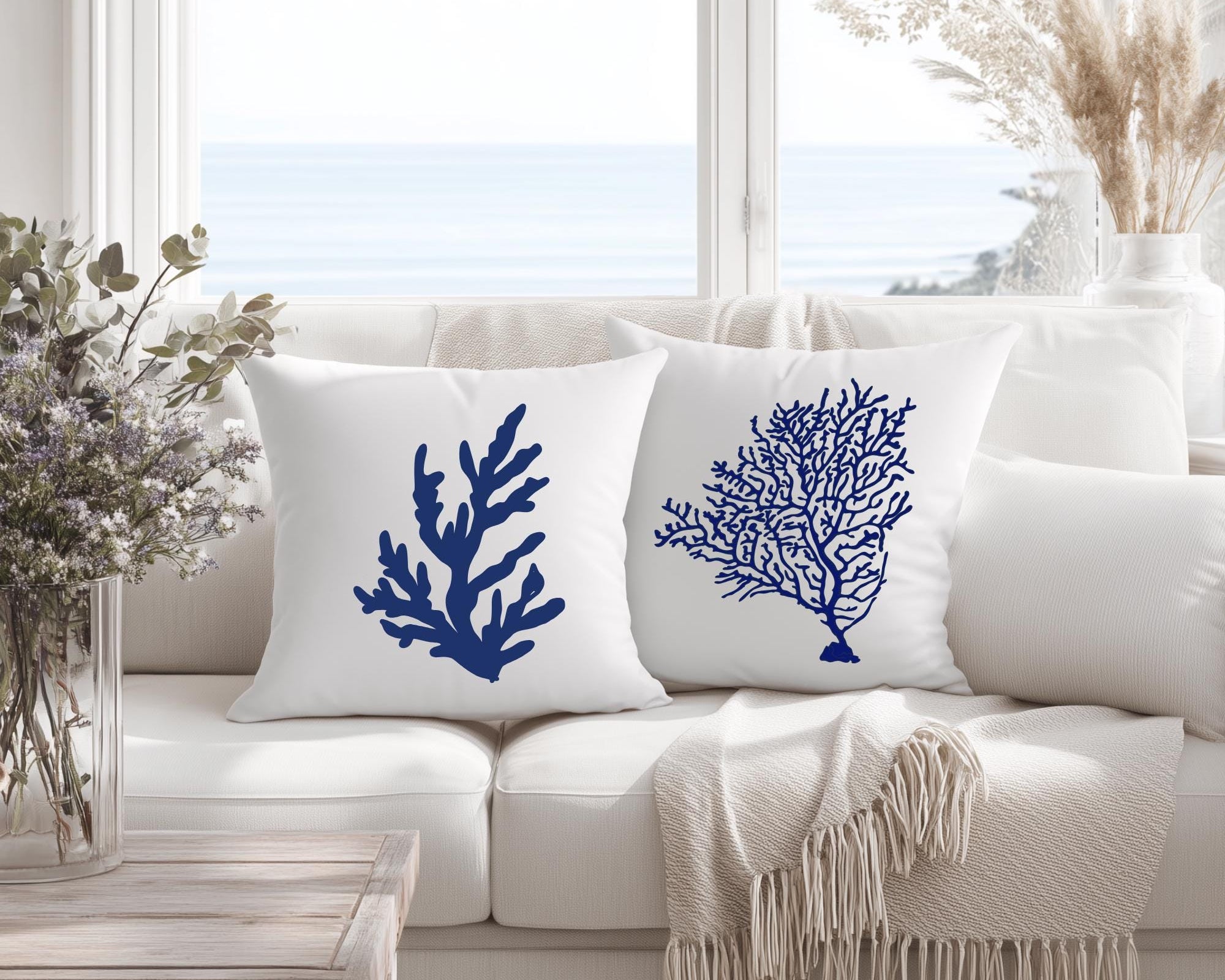 Kissen | Beach House Hamptons Style | 40 x 40 cm | Strandhaus | Beach Coastal Living | Koralle blau weiß