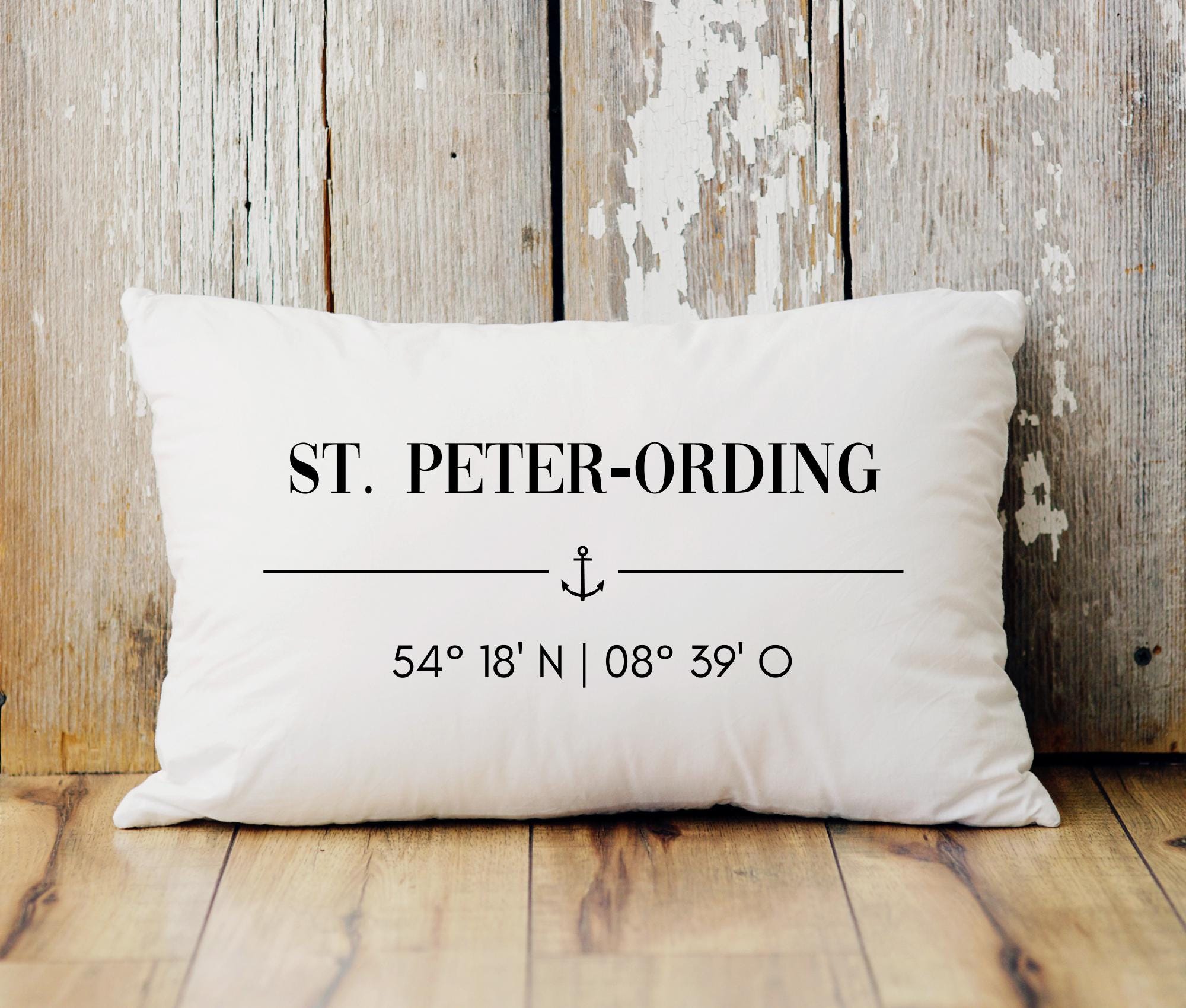 St. Peter-Ording Kissen 30x50 | maritimes Dekokissen Nordsee | Canvas Beige mit Anker & Koordinaten | SPO Geschenk