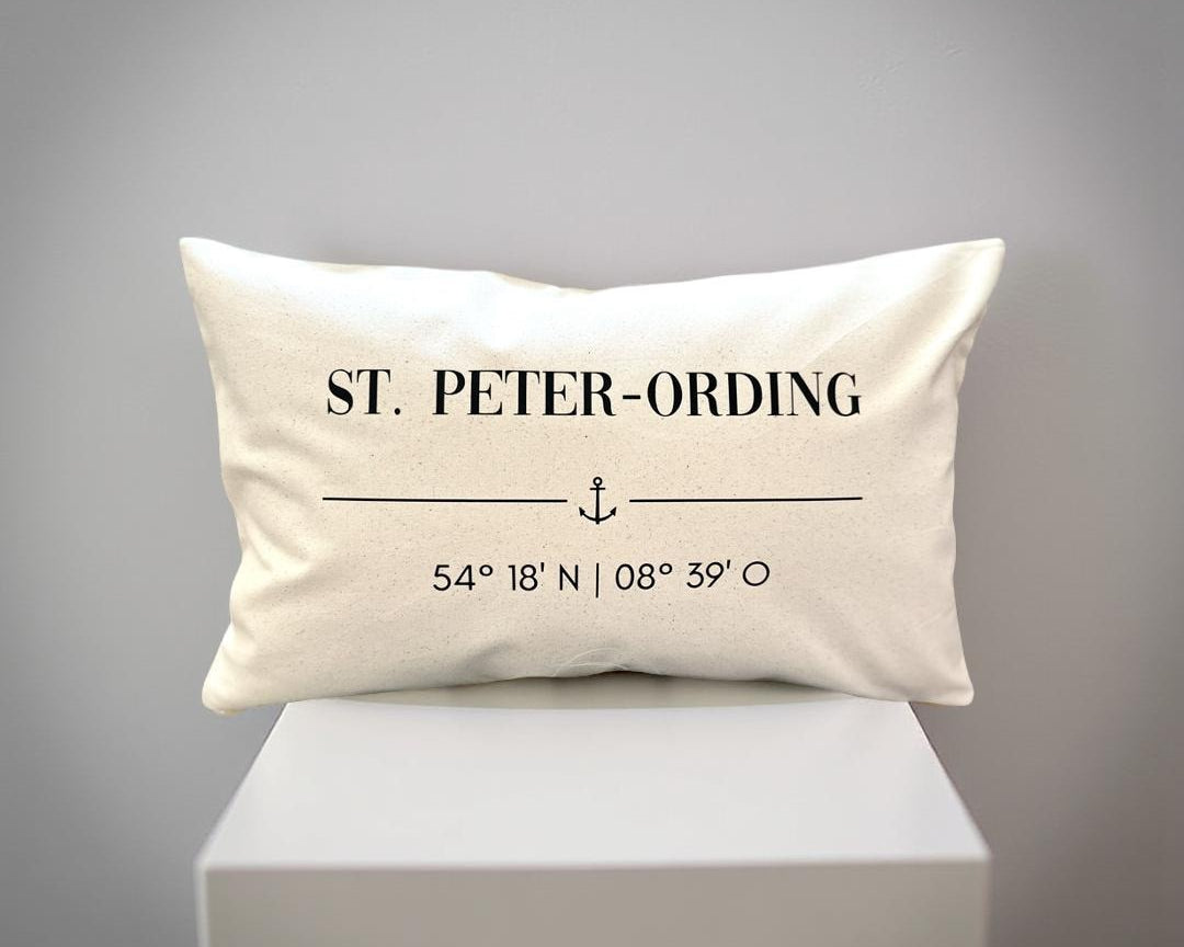St. Peter-Ording Kissen 30x50 | maritimes Dekokissen Nordsee | Canvas Beige mit Anker & Koordinaten | SPO Geschenk