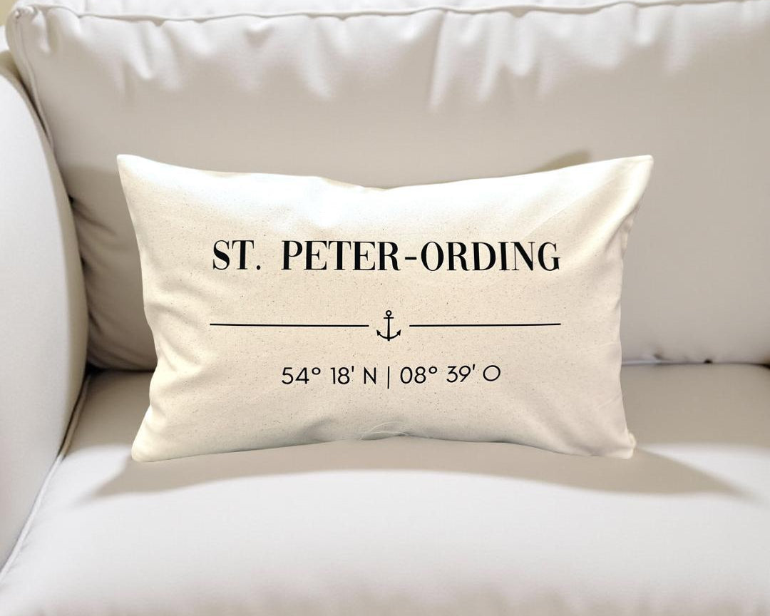 St. Peter-Ording Kissen 30x50 | maritimes Dekokissen Nordsee | Canvas Beige mit Anker & Koordinaten | SPO Geschenk