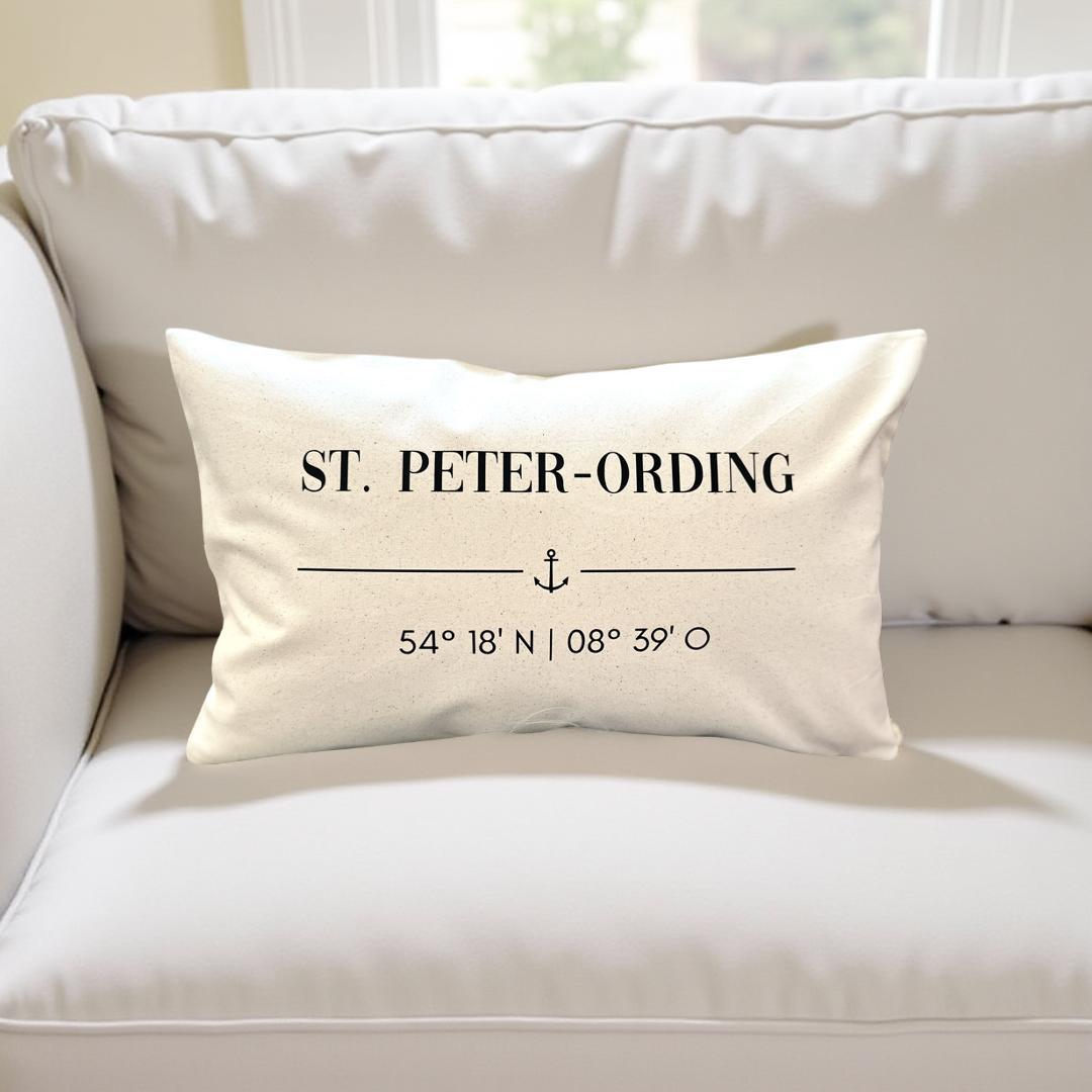 St. Peter-Ording Kissen 30x50 | maritimes Dekokissen Nordsee | Canvas Beige mit Anker & Koordinaten | SPO Geschenk