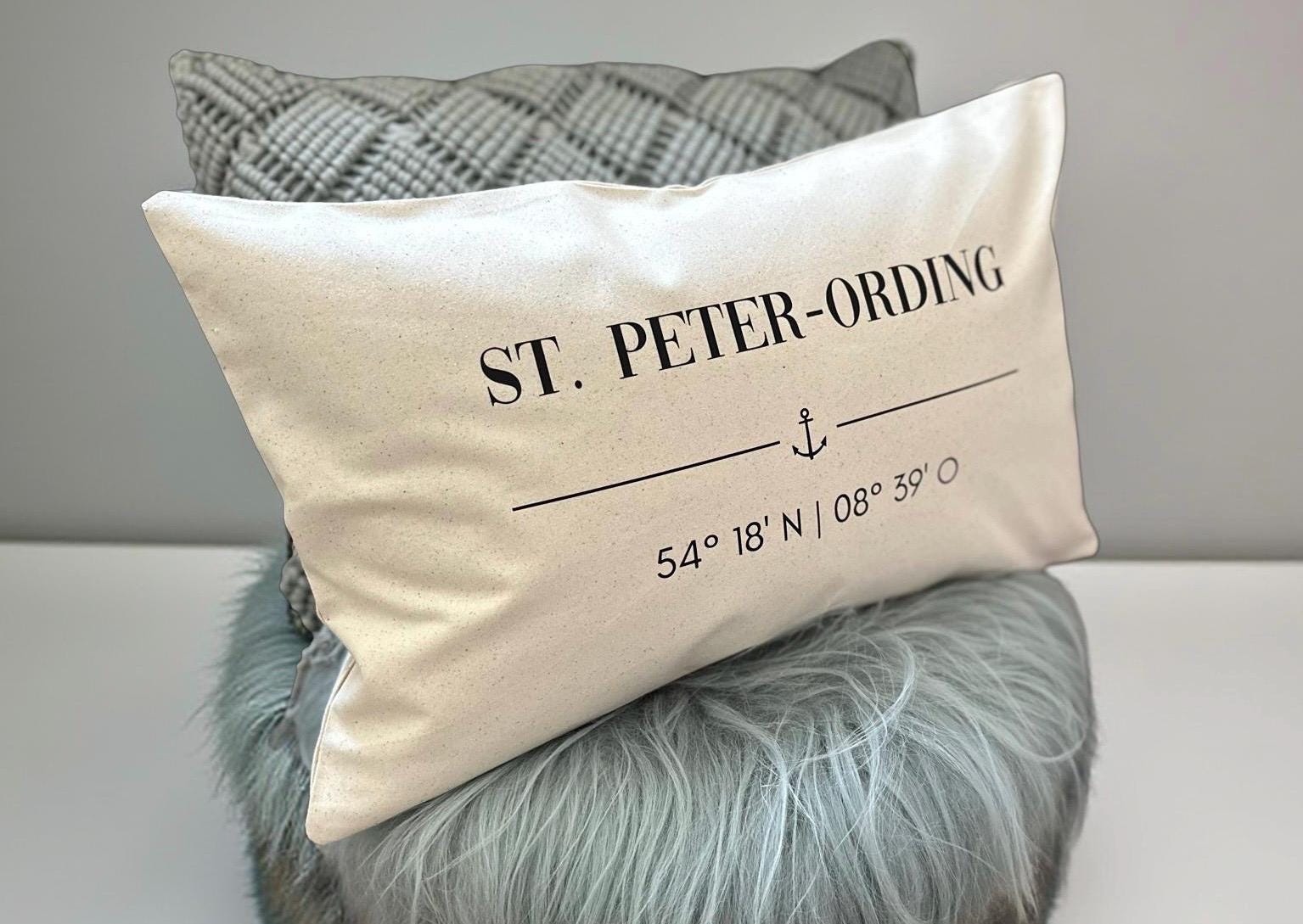 St. Peter-Ording Kissen 30x50 | maritimes Dekokissen Nordsee | Canvas Beige mit Anker & Koordinaten | SPO Geschenk