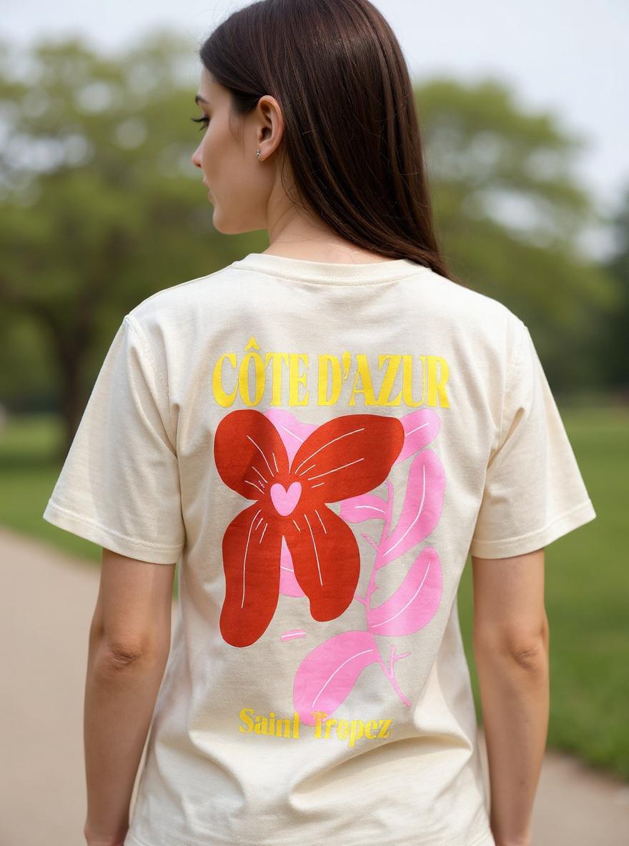 Cote d' Azur T-Shirt in beige mit Rückenprint | St Tropez Logo Front | one size