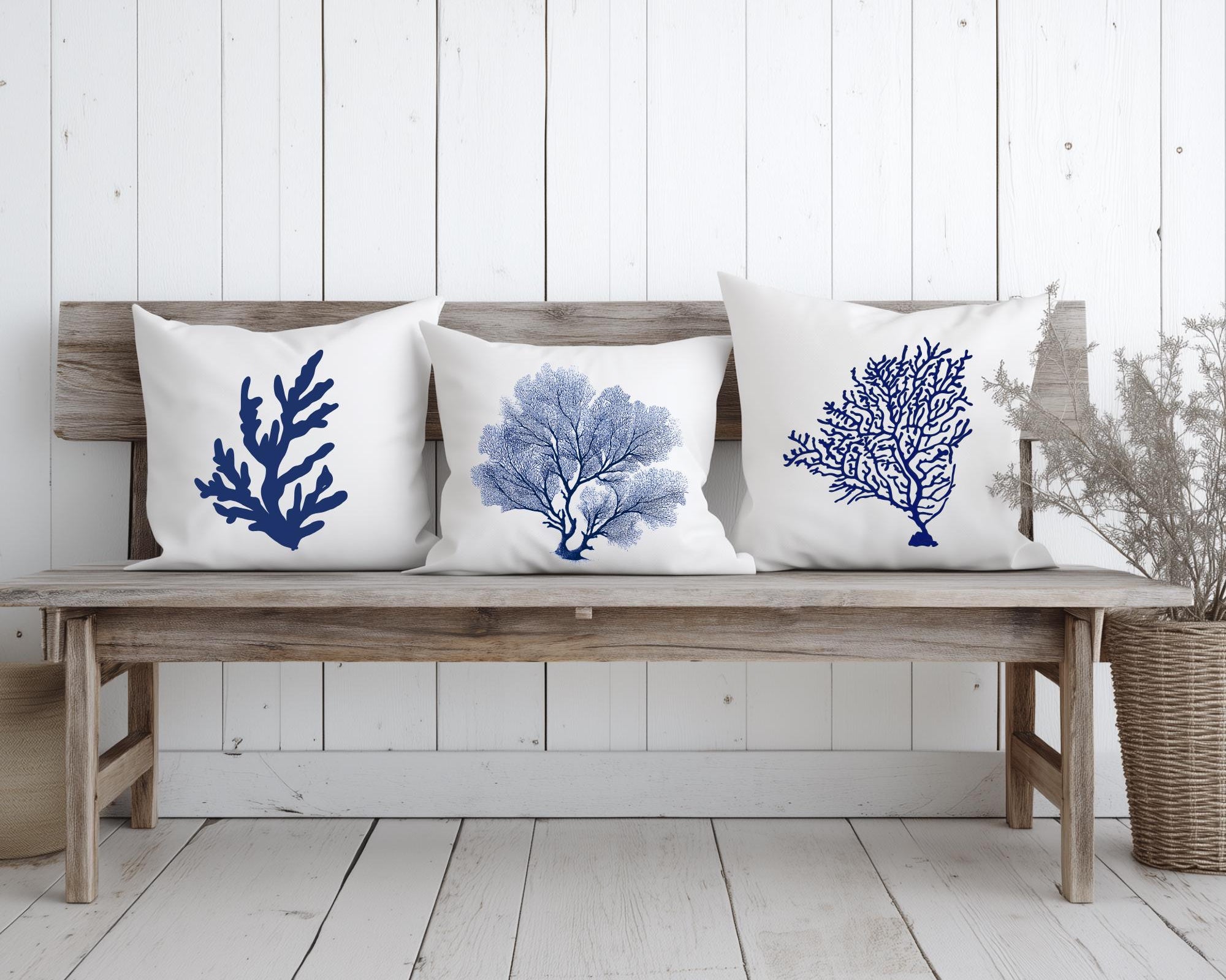 Kissen | Beach House Hamptons Style | 40 x 40 cm | Strandhaus | Beach Coastal Living | Koralle blau weiß