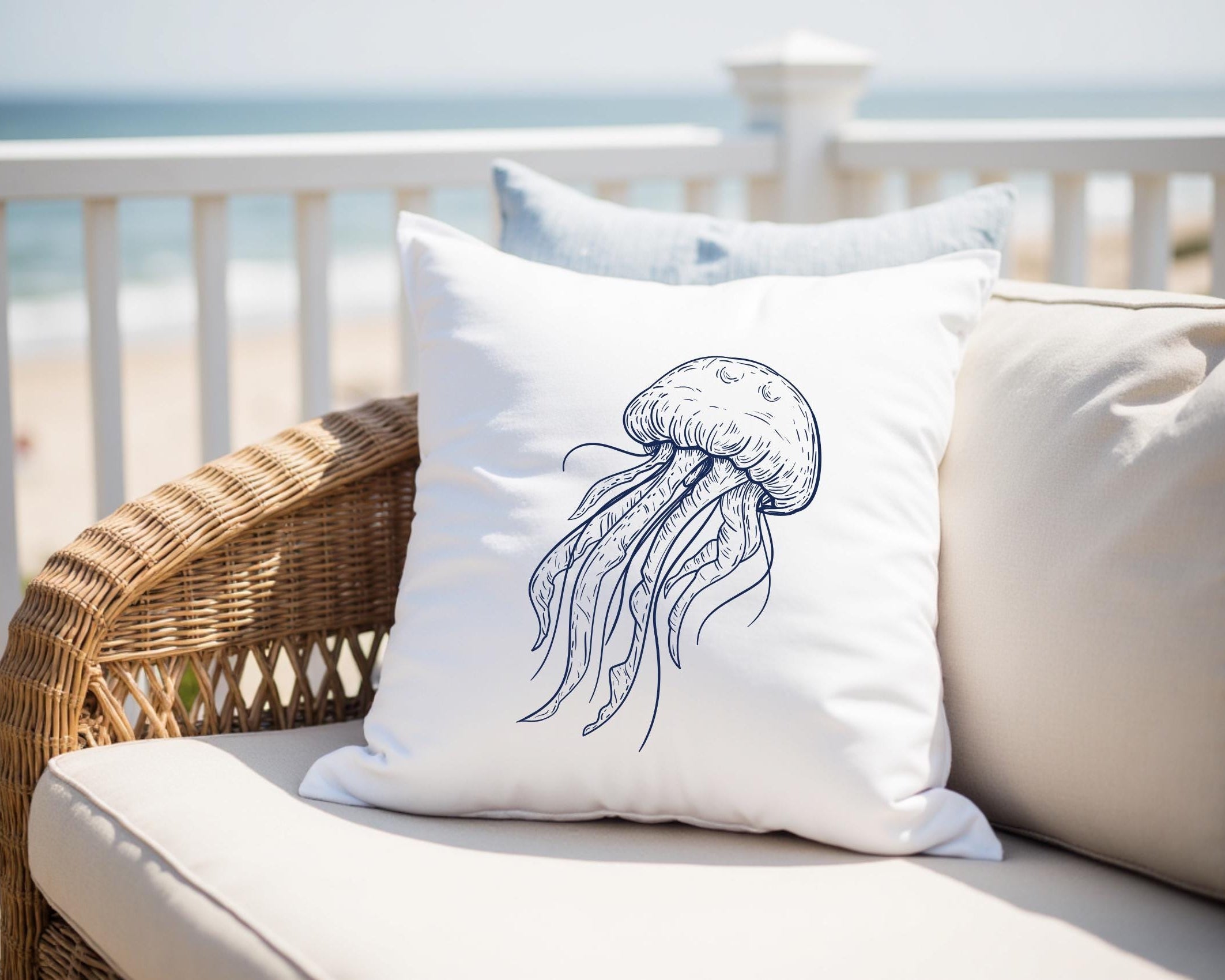 Kissen | Beach House Hamptons Style | 40 x 40 cm | Strandhaus | Oktopus Qualle blau weiß