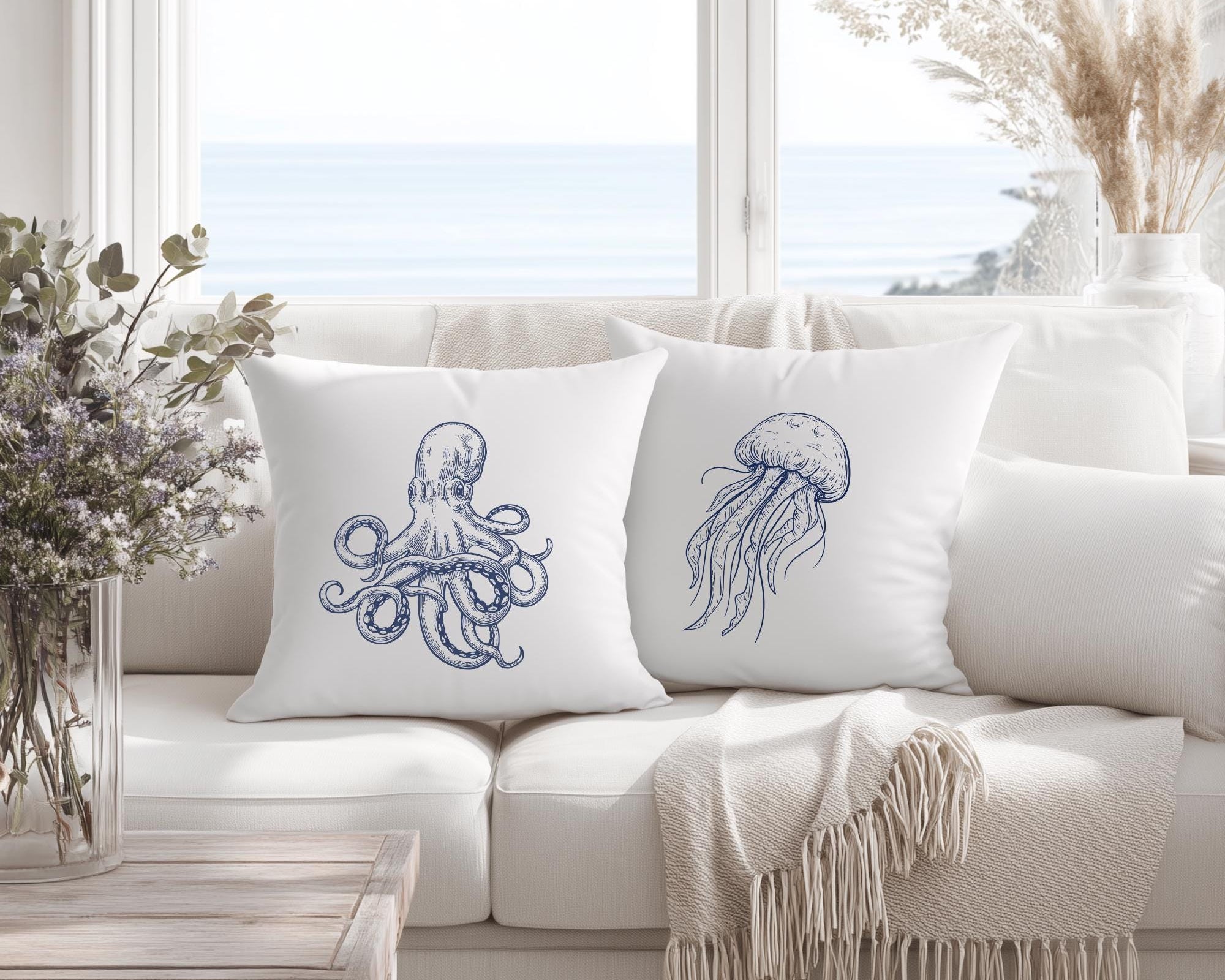Kissen | Beach House Hamptons Style | 40 x 40 cm | Strandhaus | Oktopus Qualle blau weiß