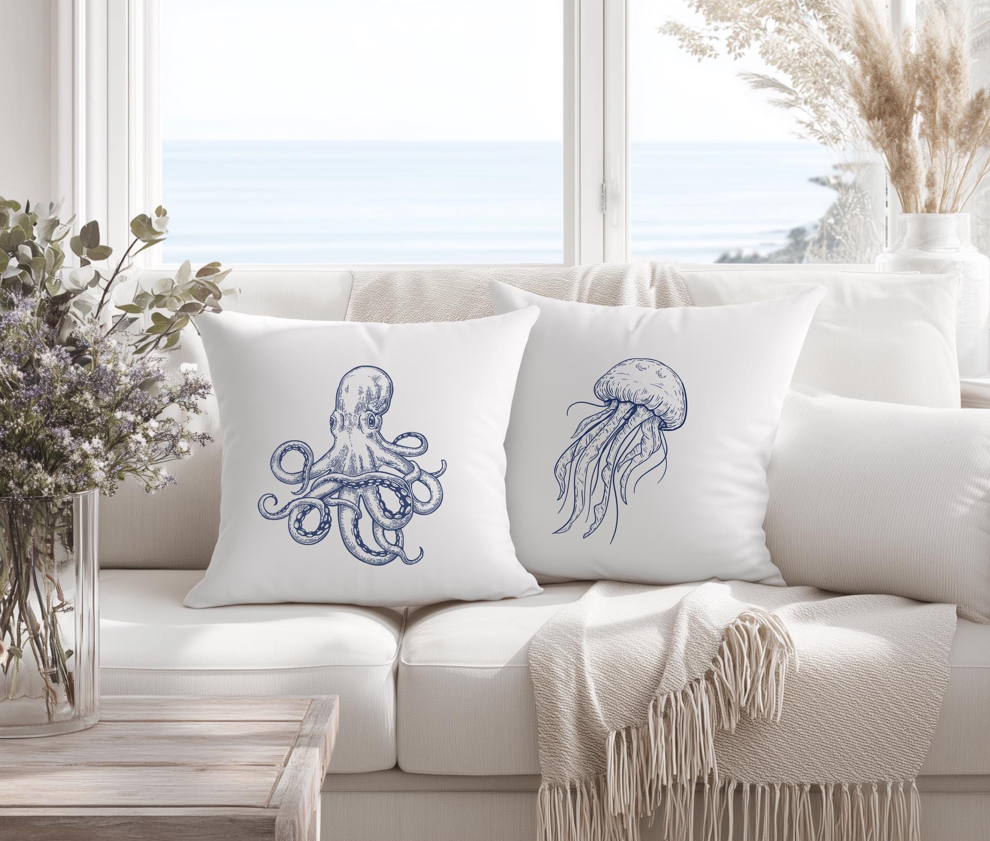 Kissen | Beach House Hamptons Style | 40 x 40 cm | Strandhaus | Oktopus Qualle blau weiß