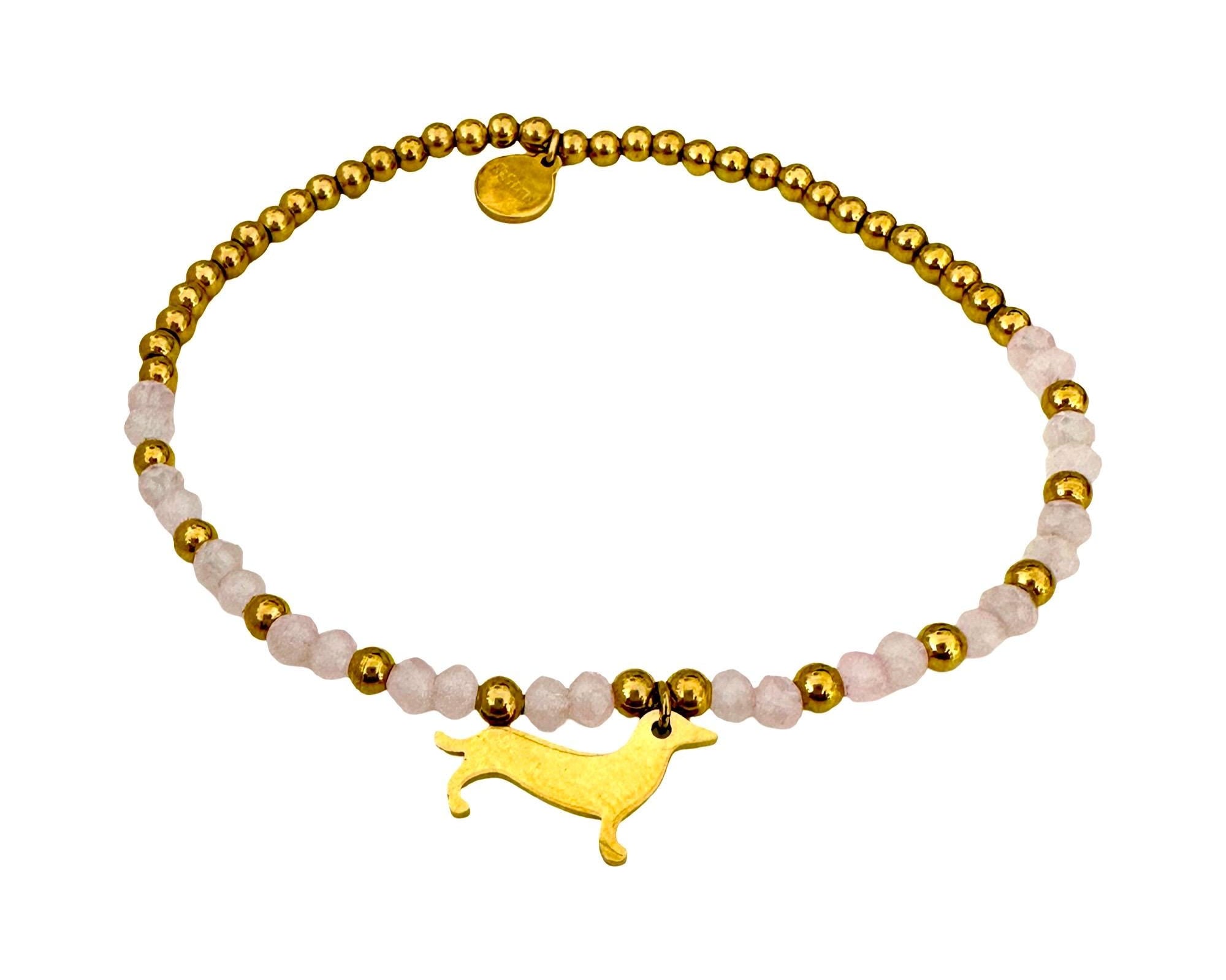 Goldenes Dackel Armband | kleines feines elastisches Perlenarmband mit Dackelanhänger