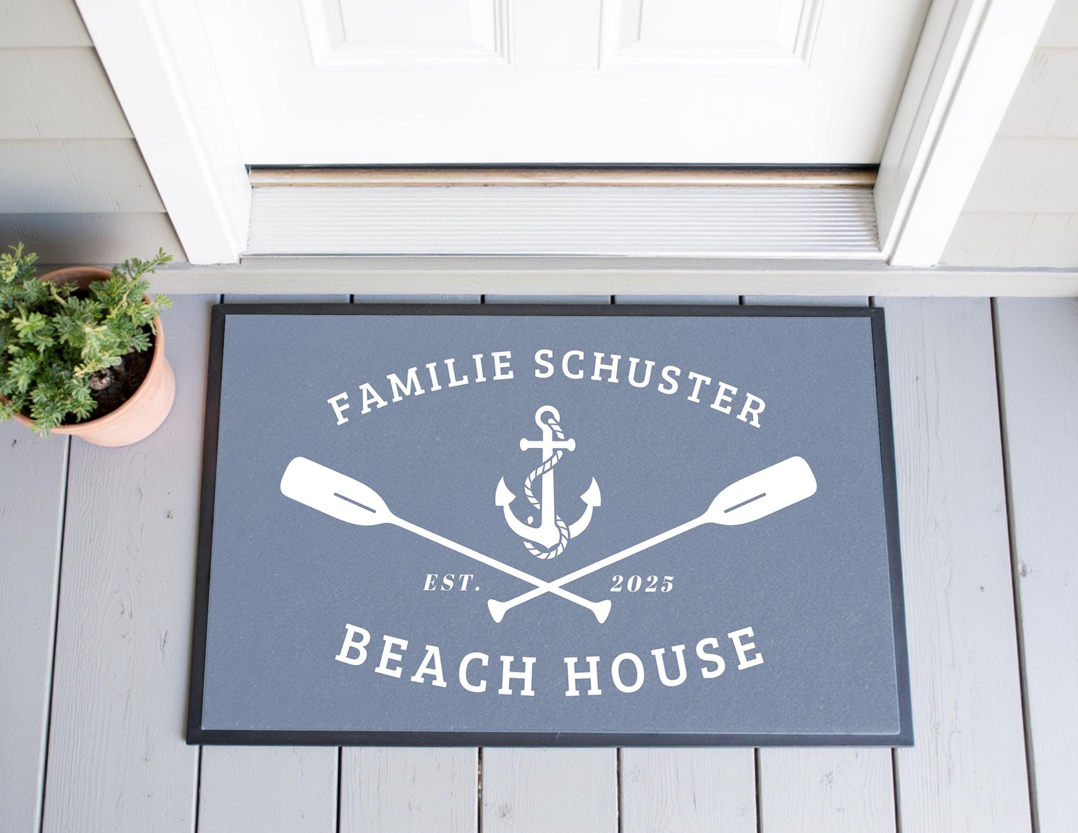 Fußmatte Beach House | Personalisierter Fußabtreter mit Namen, Jahreszahl, blaugrau, grau oder schwarz