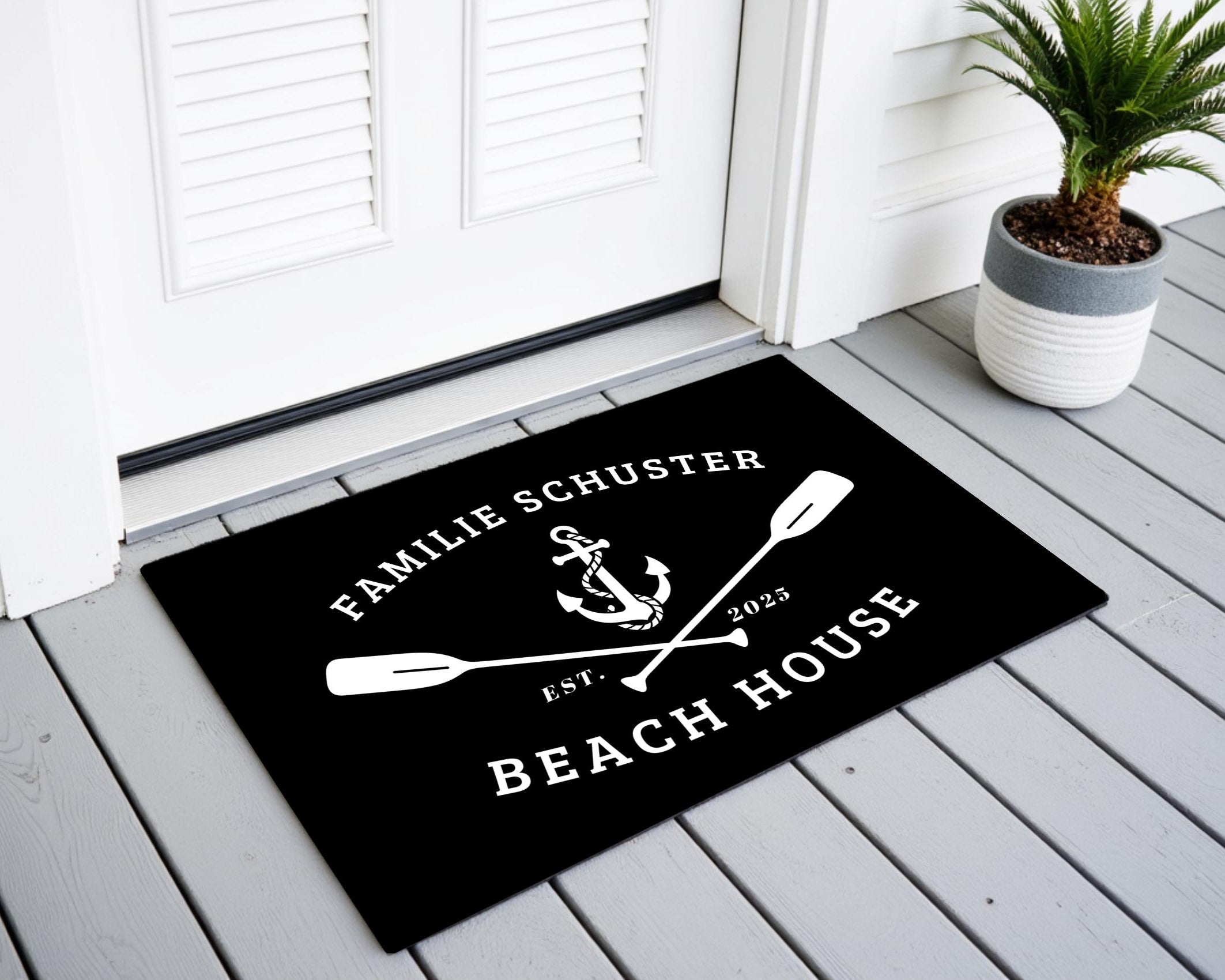 Fußmatte Beach House | Personalisierter Fußabtreter mit Namen, Jahreszahl, blaugrau, grau oder schwarz