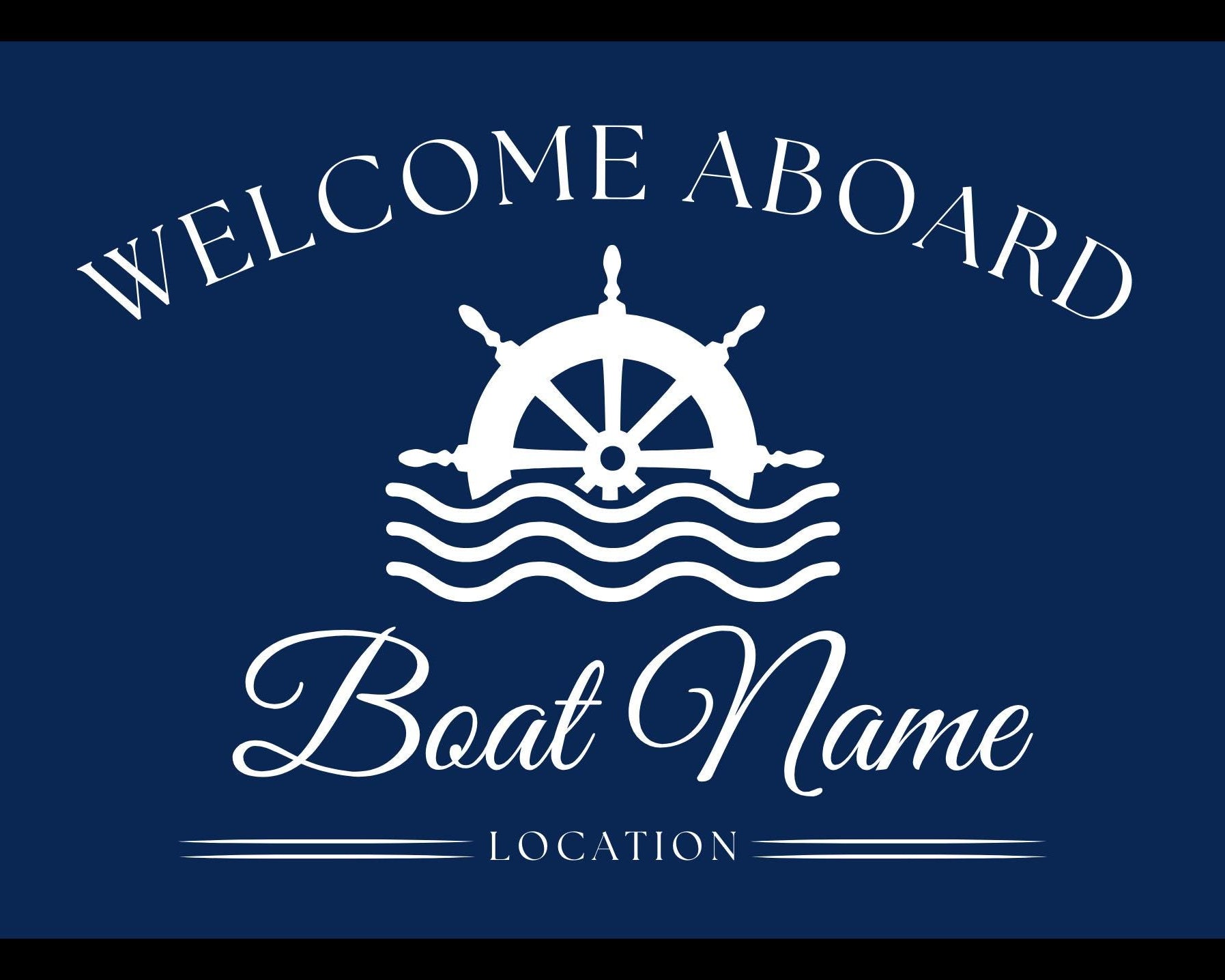 Fußmatte Boot Yacht Schiff | Personalisierter Fußabtreter mit Bootsnamen und Jahreszahl in blau weiß, Rand schwarz