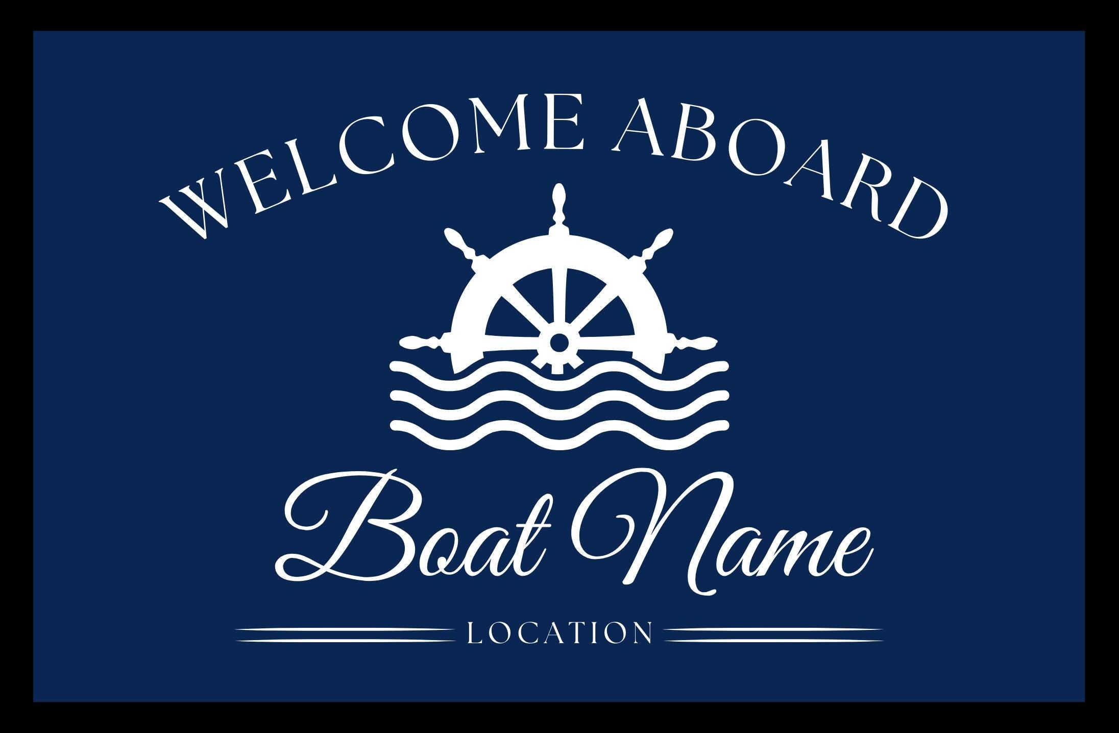 Fußmatte Boot Yacht Schiff | Personalisierter Fußabtreter mit Bootsnamen und Jahreszahl in blau weiß, Rand schwarz