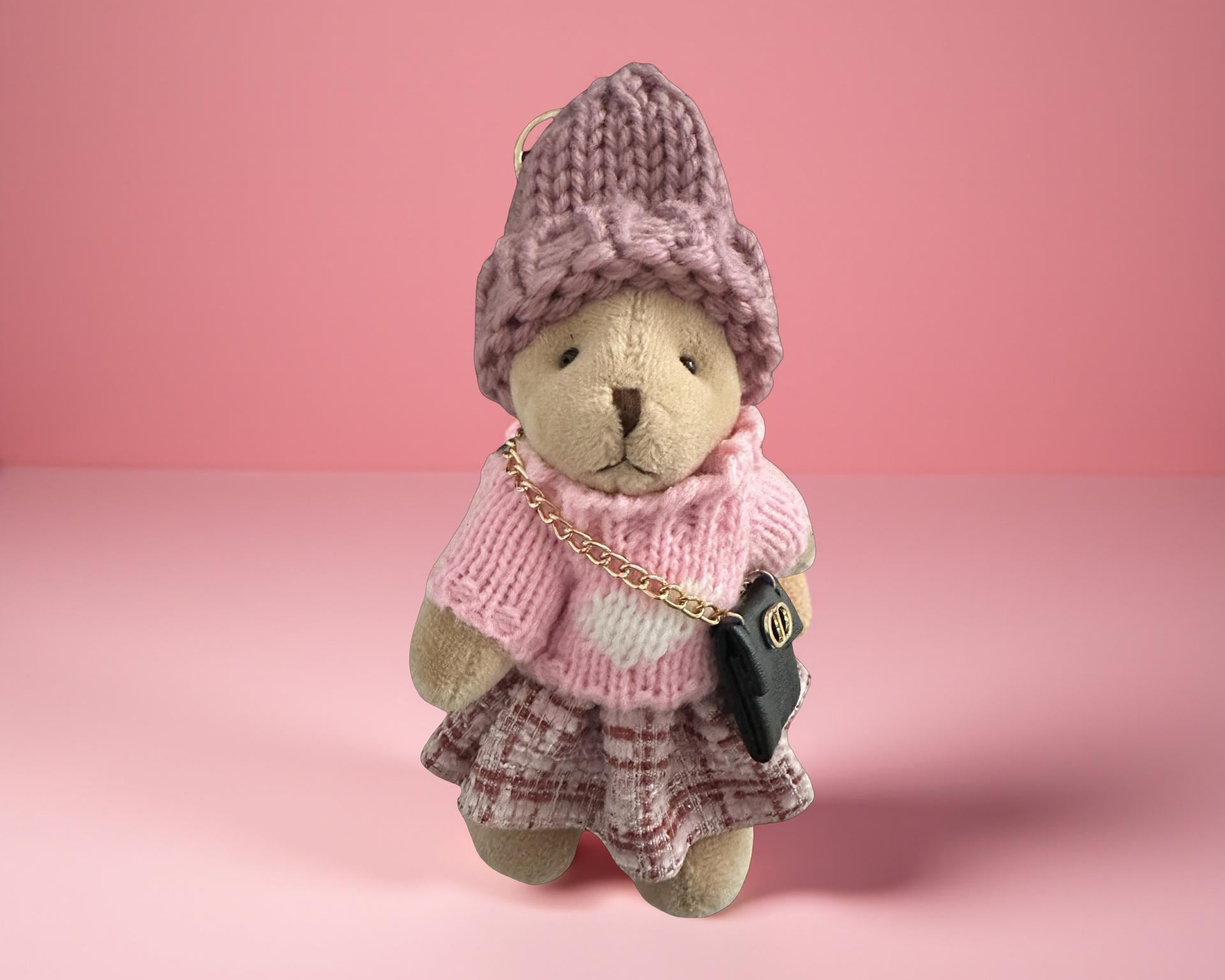 Bag Charm Teddy Fashion | Anhänger Tasche oder Schlüssel | Taschenschmuck Taschenanhänger | Bärchen rosa oder schwarzes Kleid Strickmütze