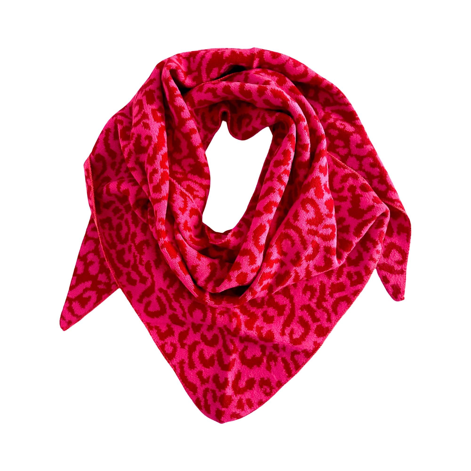 Leo Schal | Dreieckstuch pink und weinrot im Leomuster | 180 x 120 cm | Strick Viscose
