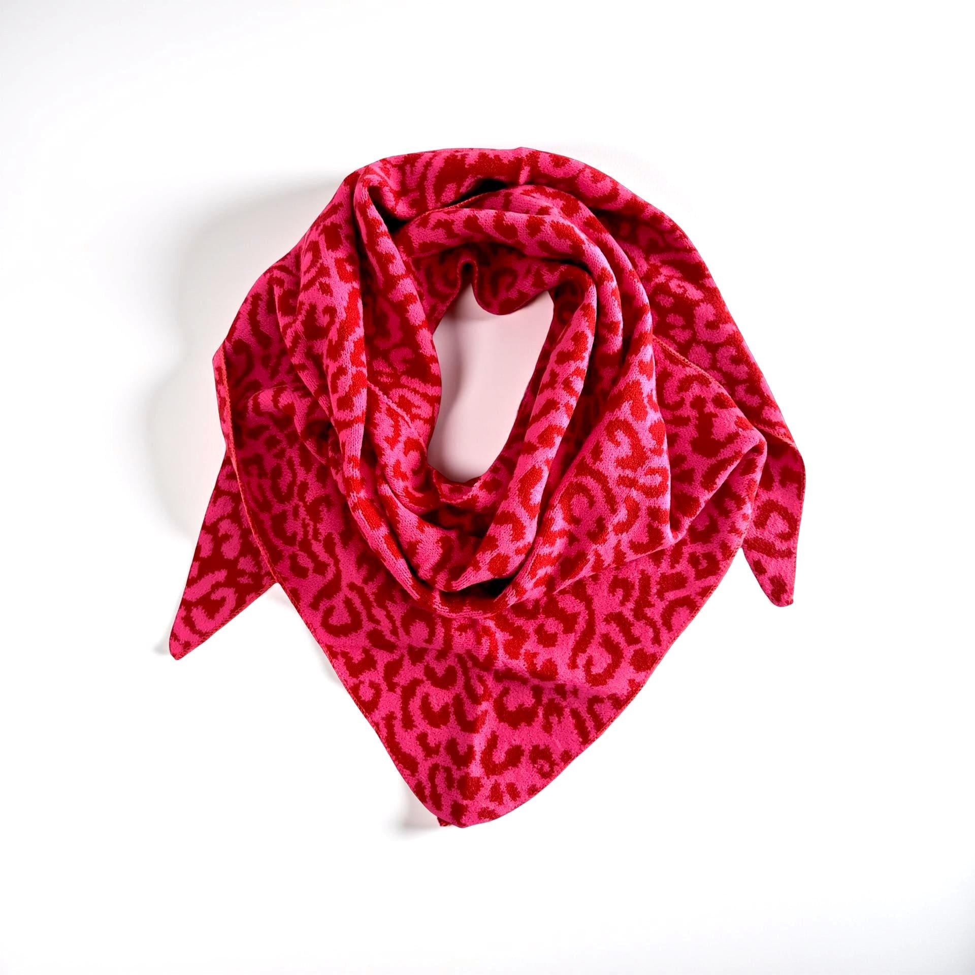Leo Schal | Dreieckstuch pink und weinrot im Leomuster | 180 x 120 cm | Strick Viscose