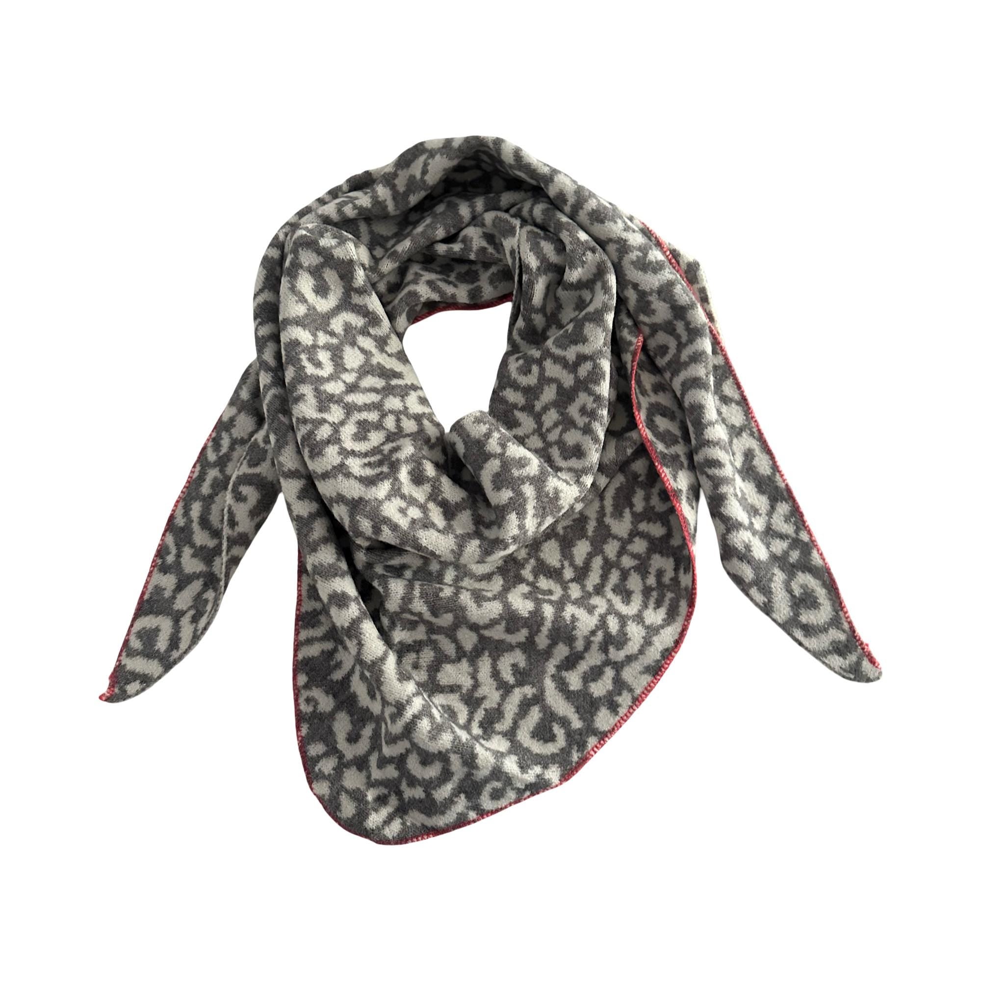 Leo Schal | Dreieckstuch grau mit weiß im Leomuster | 180 x 120 cm | Strick Viscose