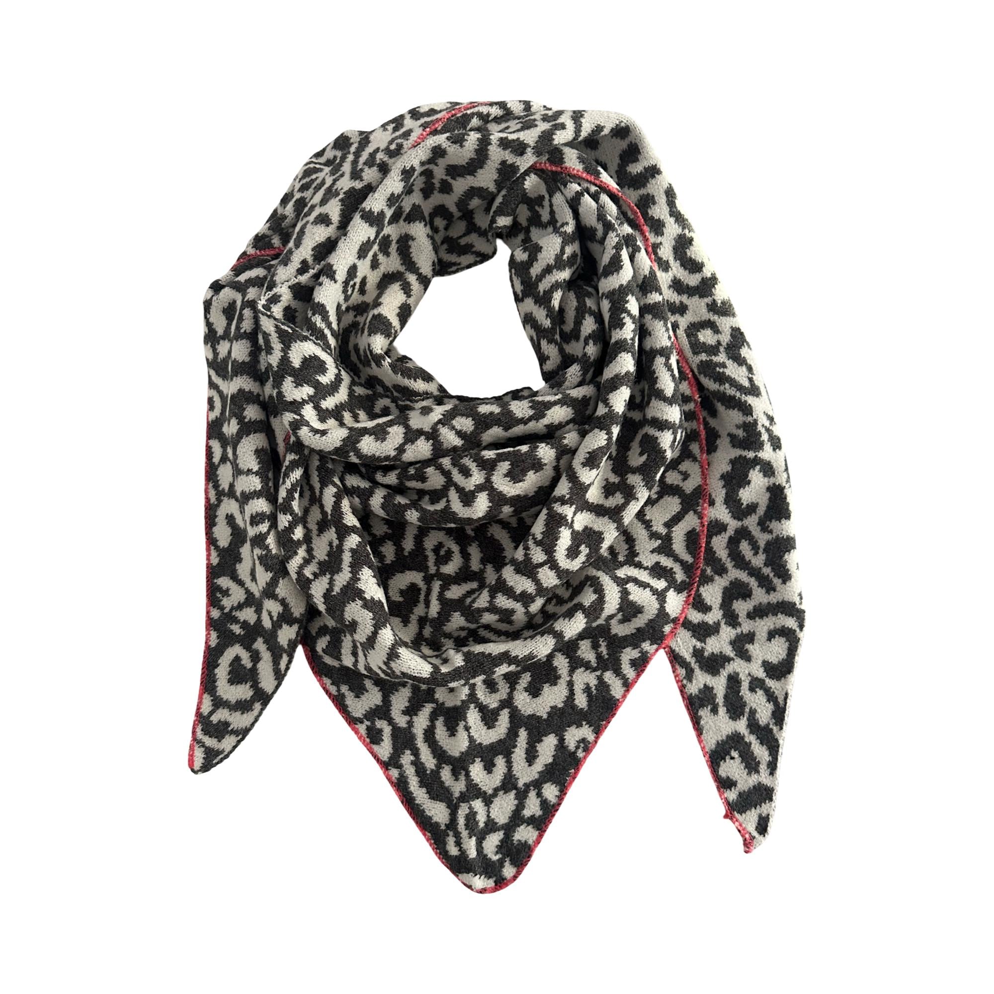 Leo Schal | Dreieckstuch grau mit weiß im Leomuster | 180 x 120 cm | Strick Viscose