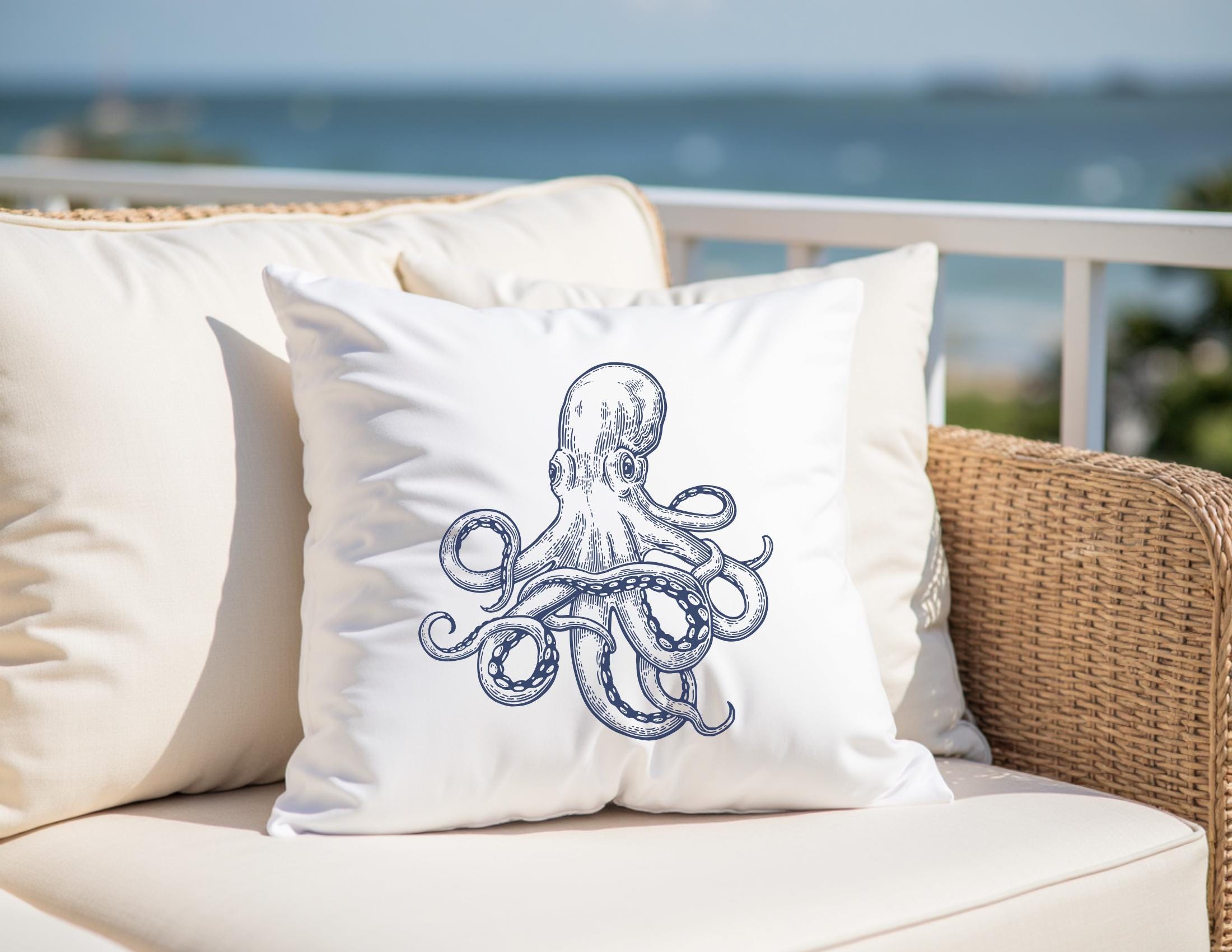 Kissen | Beach House Hamptons Style | 40 x 40 cm | Strandhaus | Oktopus Qualle blau weiß