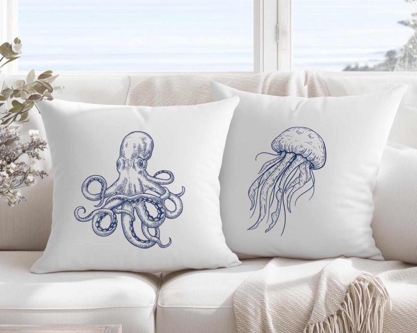 Kissen | Beach House Hamptons Style | 40 x 40 cm | Strandhaus | Oktopus Qualle blau weiß