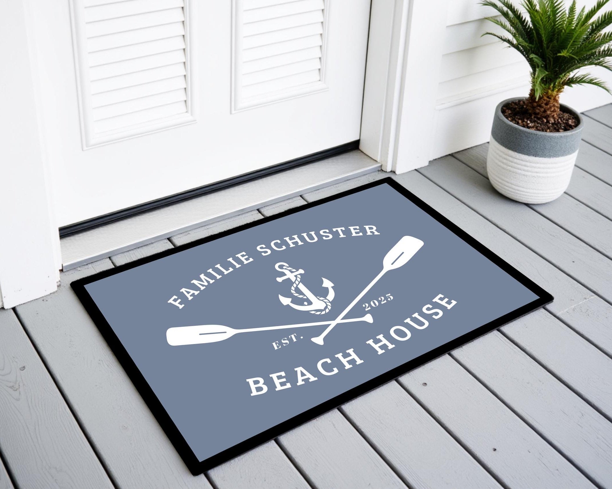 Fußmatte Beach House | Personalisierter Fußabtreter mit Namen, Jahreszahl, blaugrau, grau oder schwarz