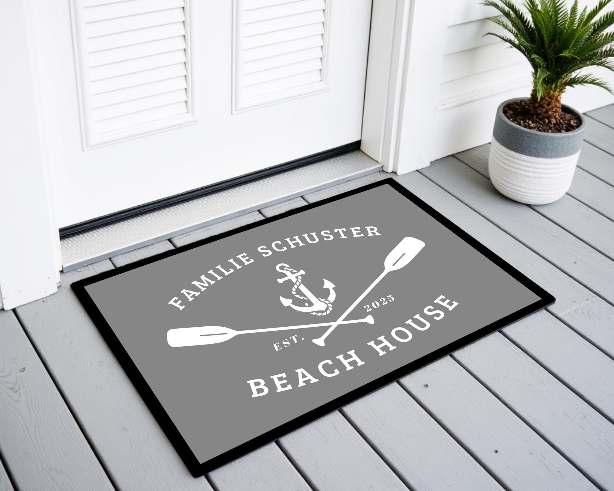 Fußmatte Beach House | Personalisierter Fußabtreter mit Namen, Jahreszahl, blaugrau, grau oder schwarz
