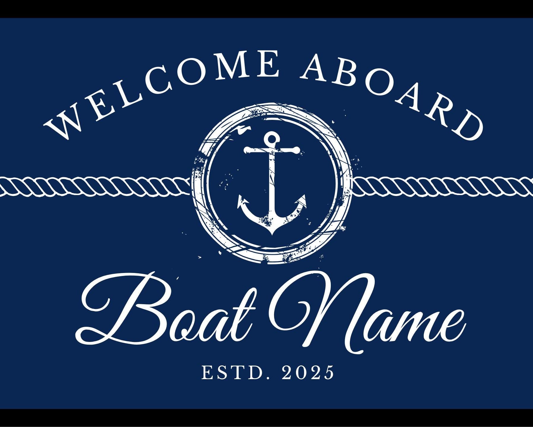 Fußmatte Boot Yacht Schiff | Personalisierter Fußabtreter mit Bootsnamen und Jahreszahl in blau weiß, Rand schwarz
