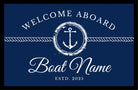 Fußmatte Boot Yacht Schiff | Personalisierter Fußabtreter mit Bootsnamen und Jahreszahl in blau weiß, Rand schwarz