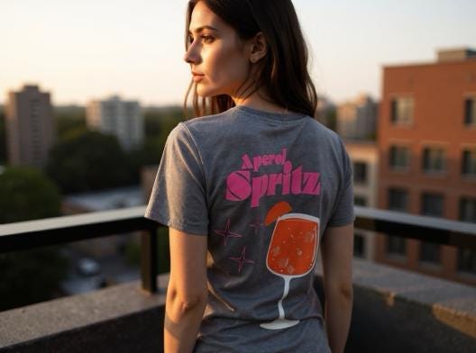 T-Shirt in grau vintage mit Rückenprint | Aperol Spritz und Logo Front | one size