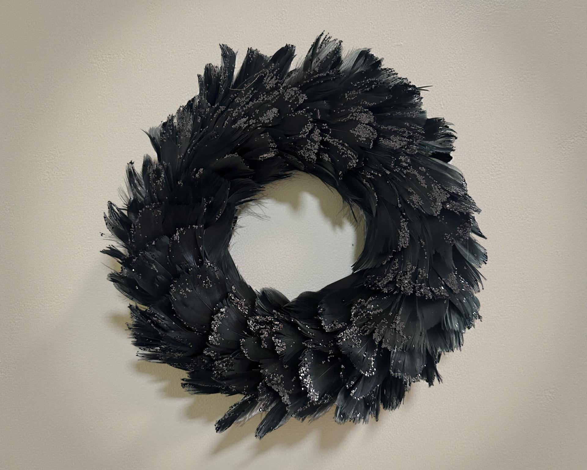 Feder Kranz schwarz Glitzer | Deko | 20 cm Durchmesser | Weihnachten Halloween