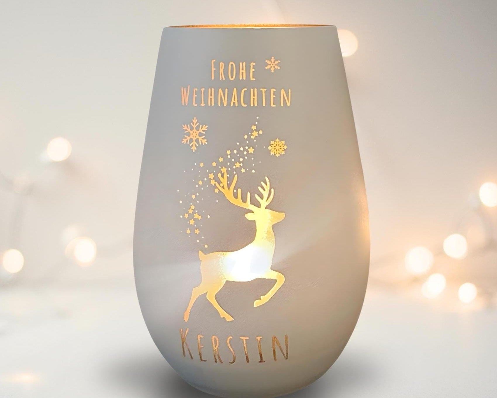 Windlicht Weihnachten personalisiert | gelasertes Glas innen gold | außen schwarz oder weiß | diverse Motive mit Deinem Namen
