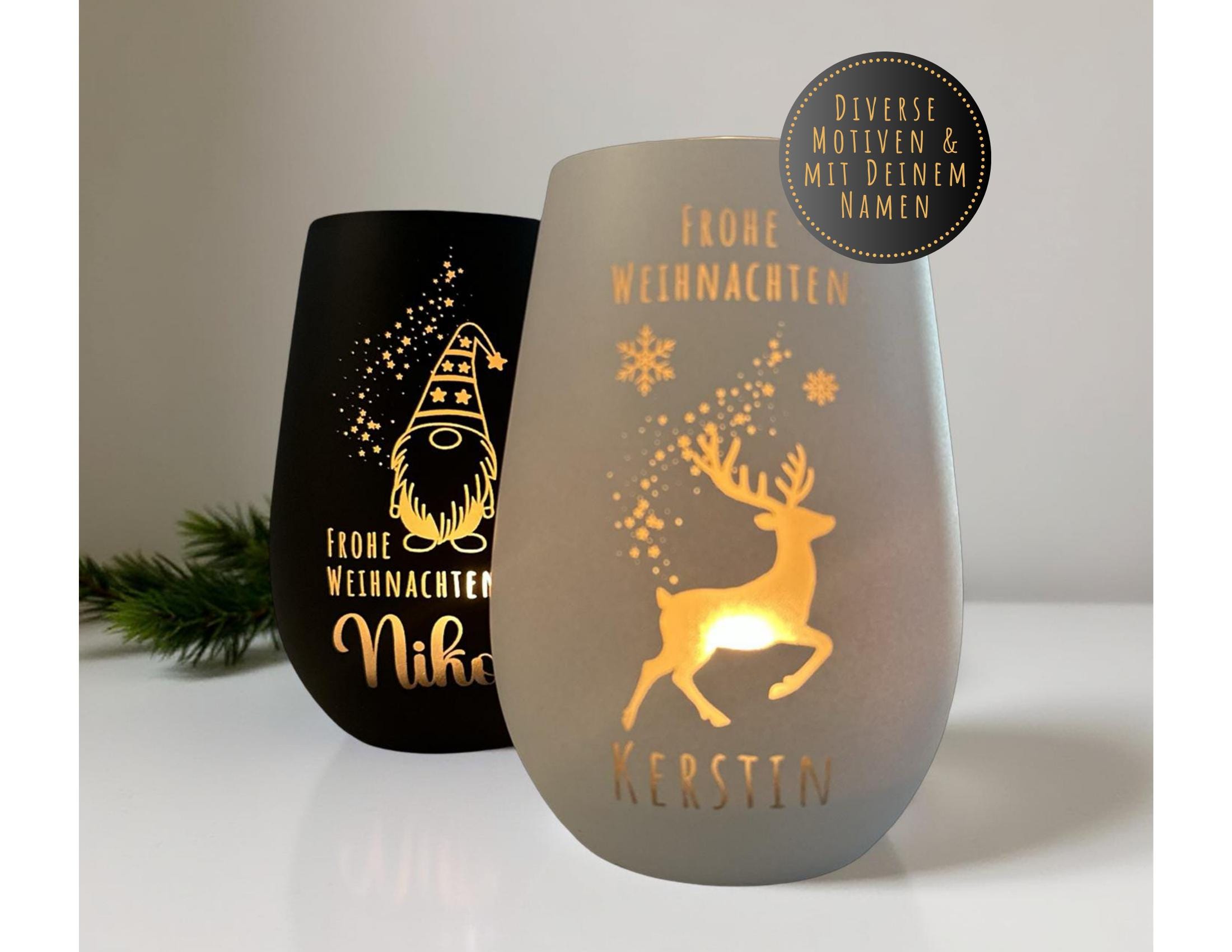 Windlicht Weihnachten personalisiert | gelasertes Glas innen gold | außen schwarz oder weiß | diverse Motive mit Deinem Namen