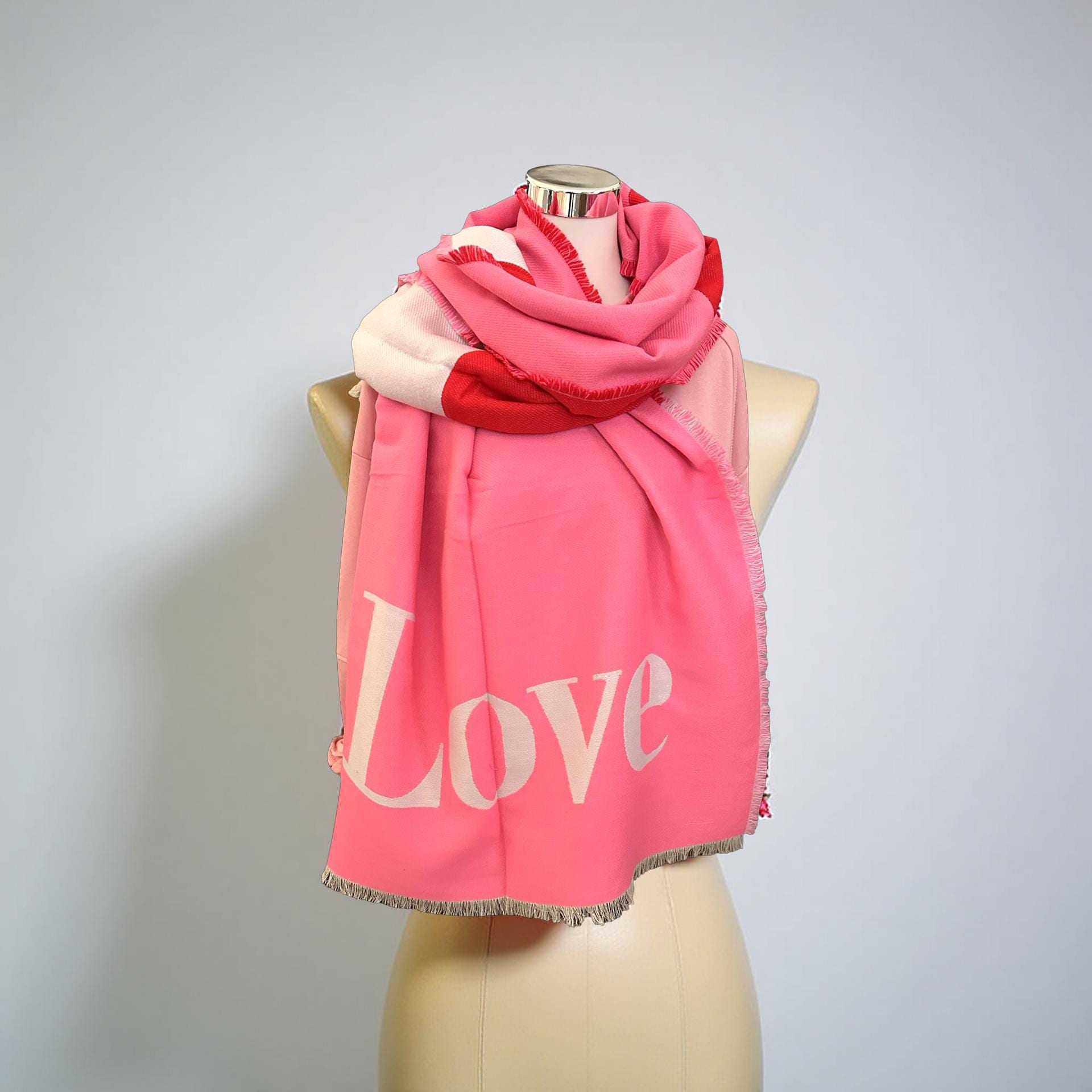 Breiter Schal LOVE | rosa, weiß und rot | mit großem Herz | Viskose | Webschal Tuch Stola | 180 x 70 cm