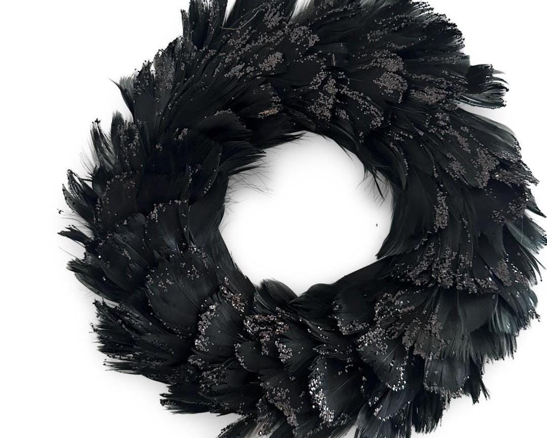 Feder Kranz schwarz Glitzer | Deko | 20 cm Durchmesser | Weihnachten Halloween