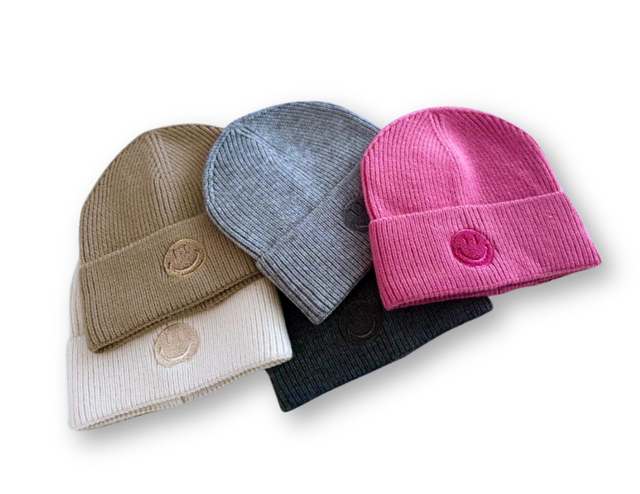 Strick Mütze mit gesticktem Smiley | Beanie in dunkelgrau, hellgrau, taupe, beige und pink | gestrickte Mütze
