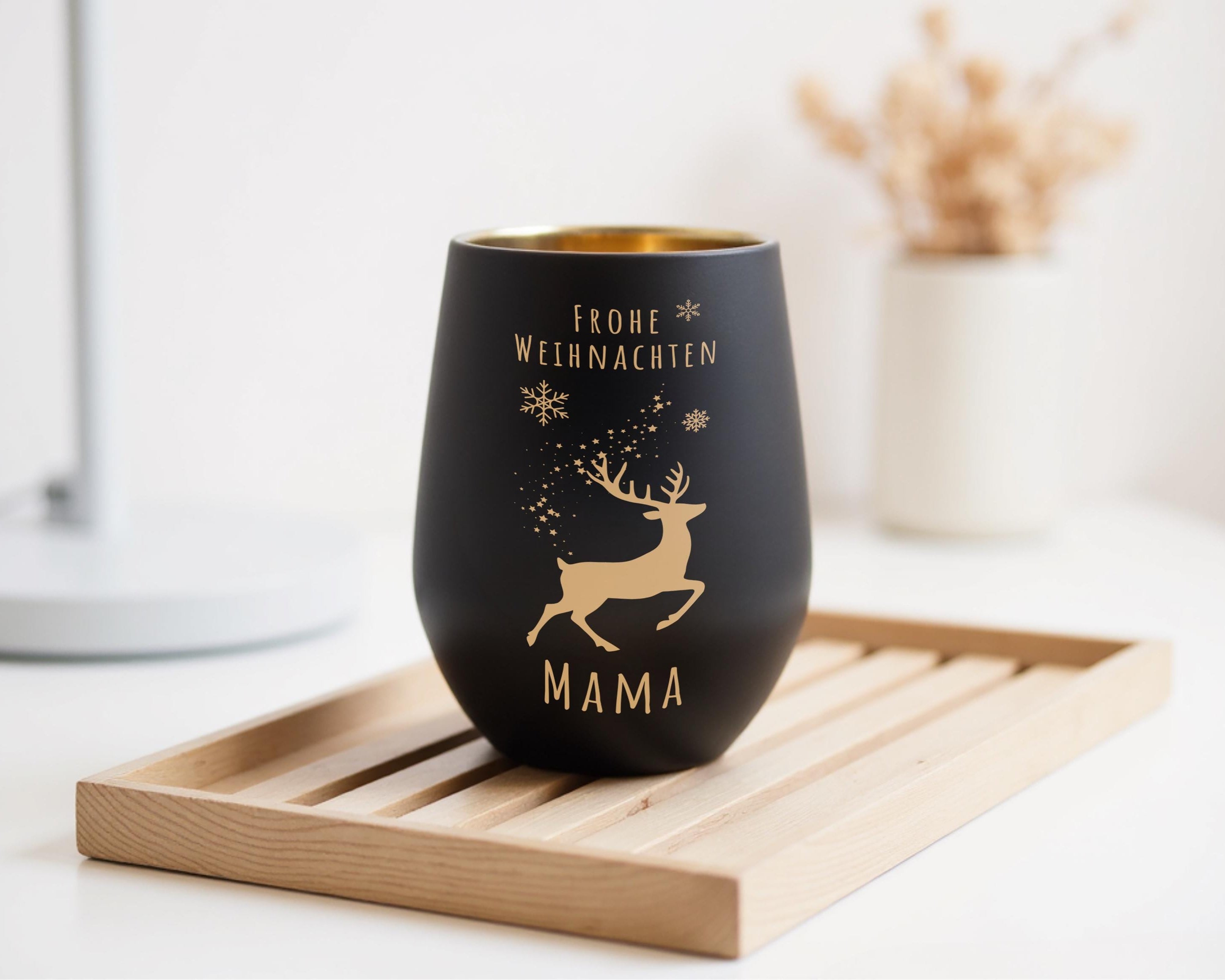 Windlicht Weihnachten personalisiert | schwarz gold | gelasertes Glas innen gold | außen schwarz | diverse Motive mit Deinem Namen