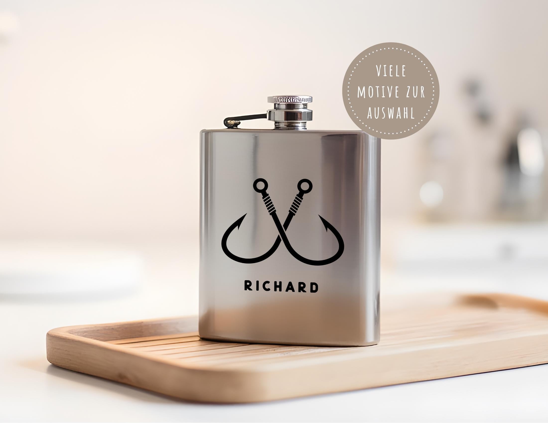 Flachmann für Angler | personalisiertes Geschenk | Edelstahl Trinkflasche | Lasergravur Name | Angeln
