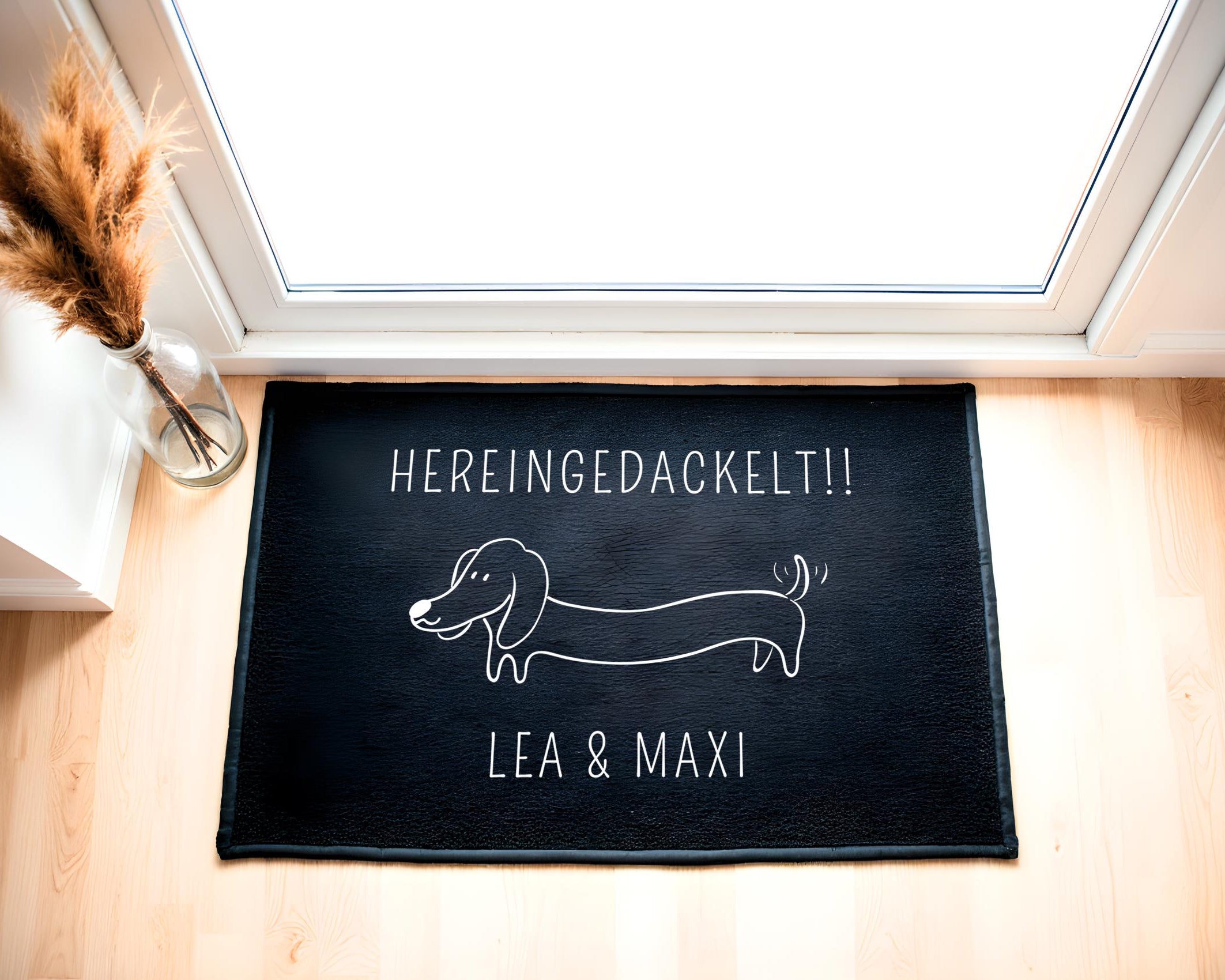 Fußmatte Hereingedackelt | Personalisierter Fußabtreter mit Namen und Dackelmotiv