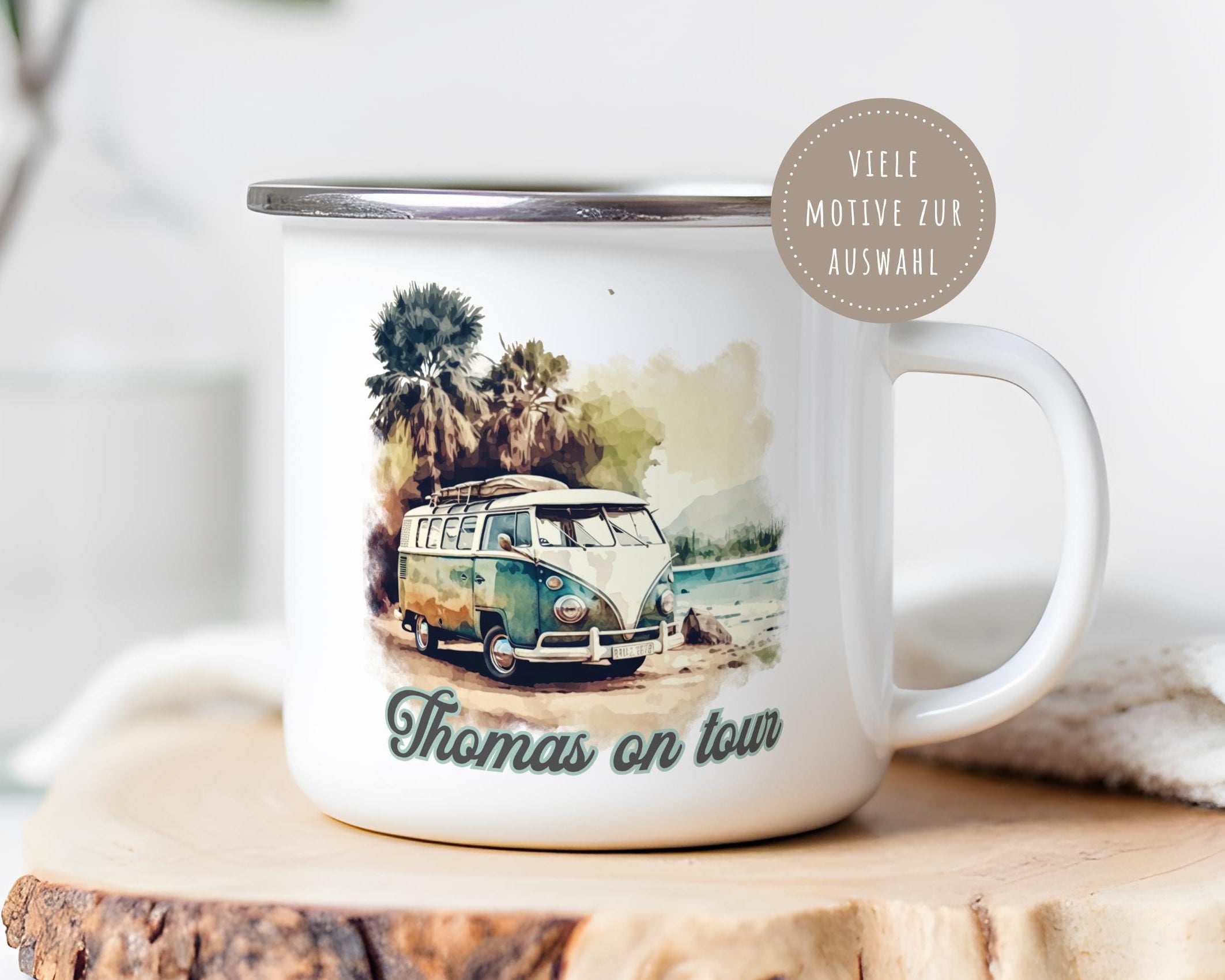 Emaille Tasse | Camping | personalisiert | Retro VW-Bulli
