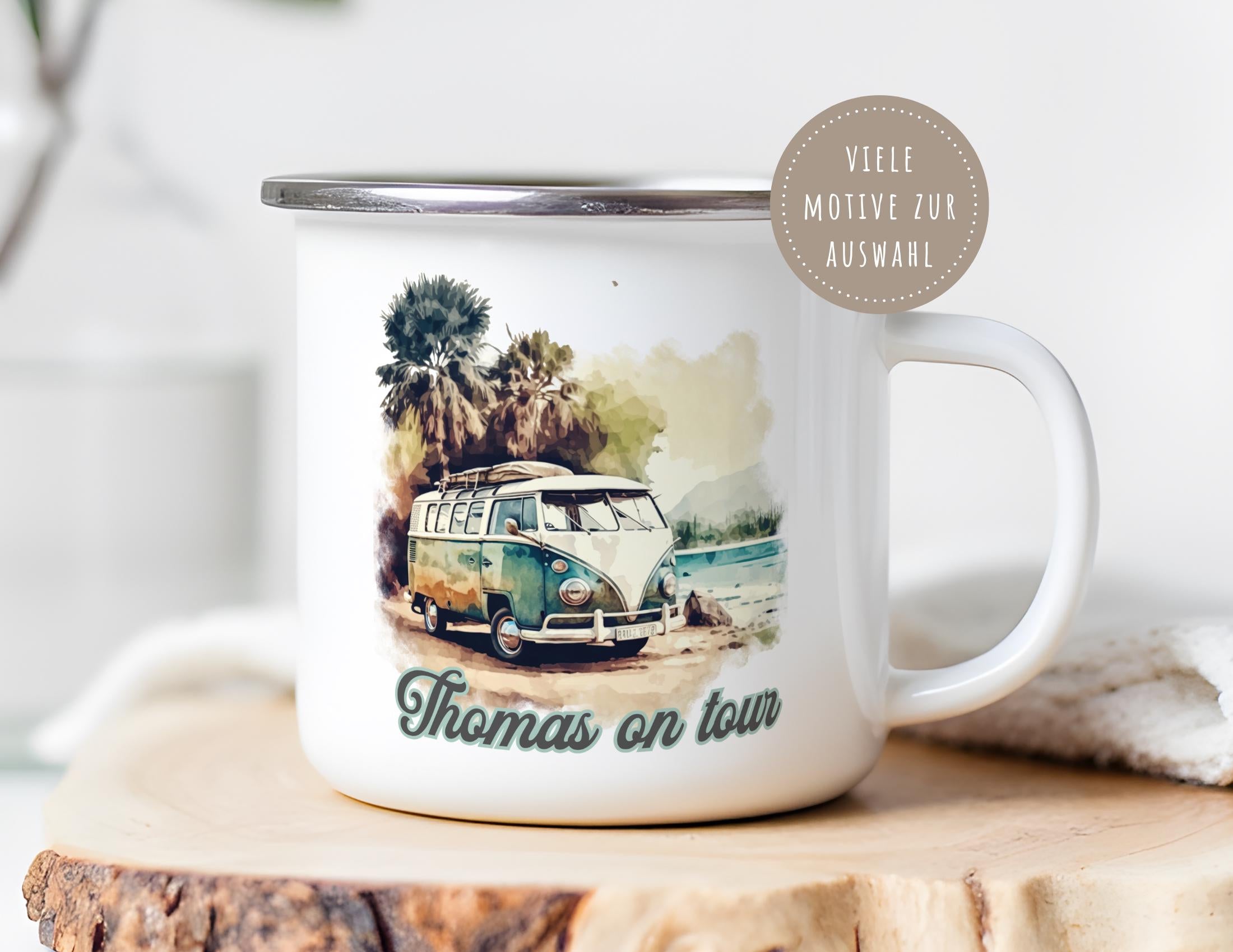 Emaille Tasse | Camping Tasse | personalisiert | Emaille Becher | Campingbus Surfer Retro Vintage VW-Bulli Hippie on tour