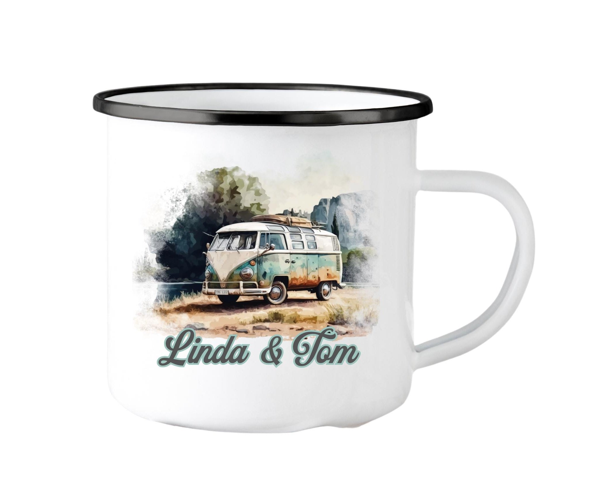 Emaille Tasse | Camping | personalisiert | Retro VW-Bulli