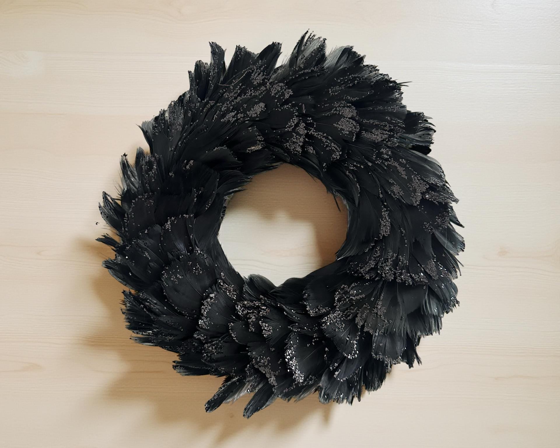 Feder Kranz schwarz Glitzer | Deko | 20 cm Durchmesser | Weihnachten Halloween