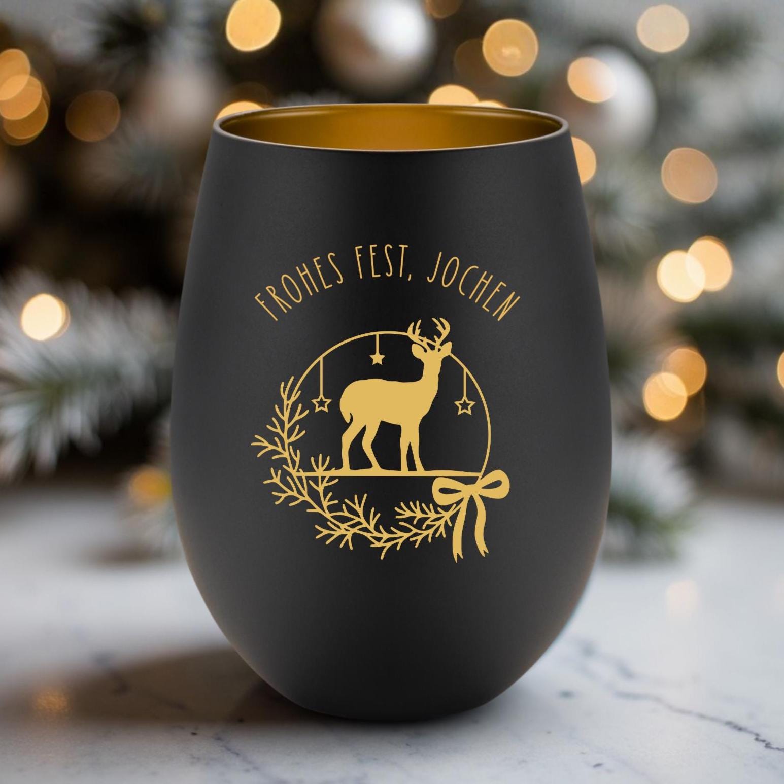 Windlicht Weihnachten personalisiert | schwarz gold | gelasertes Glas innen gold | außen schwarz | diverse Motive mit Deinem Namen