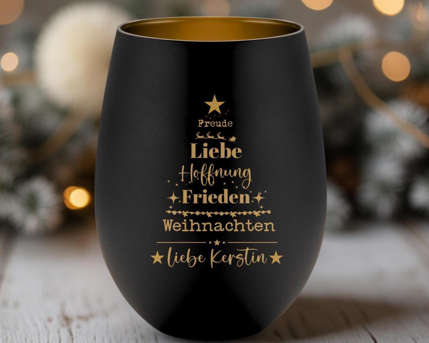 Windlicht Weihnachten personalisiert | schwarz gold | gelasertes Glas innen gold | außen schwarz | diverse Motive mit Deinem Namen