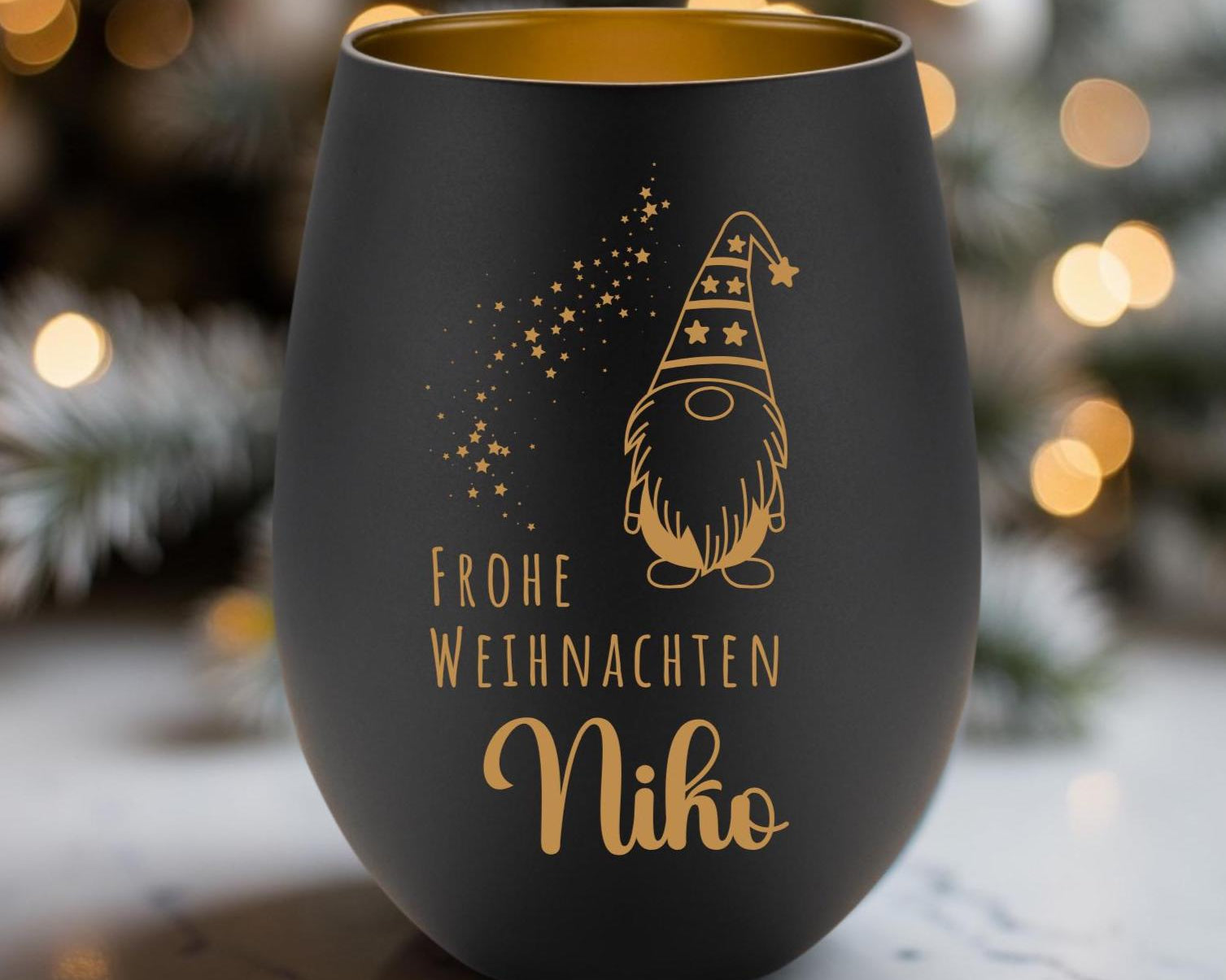 Windlicht Weihnachten personalisiert | schwarz gold | gelasertes Glas innen gold | außen schwarz | diverse Motive mit Deinem Namen