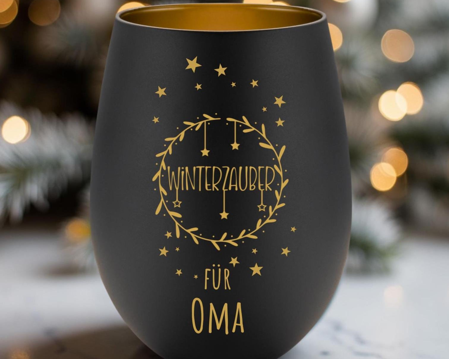 Windlicht Weihnachten personalisiert | gelasertes Glas innen gold | außen schwarz oder weiß | diverse Motive mit Deinem Namen