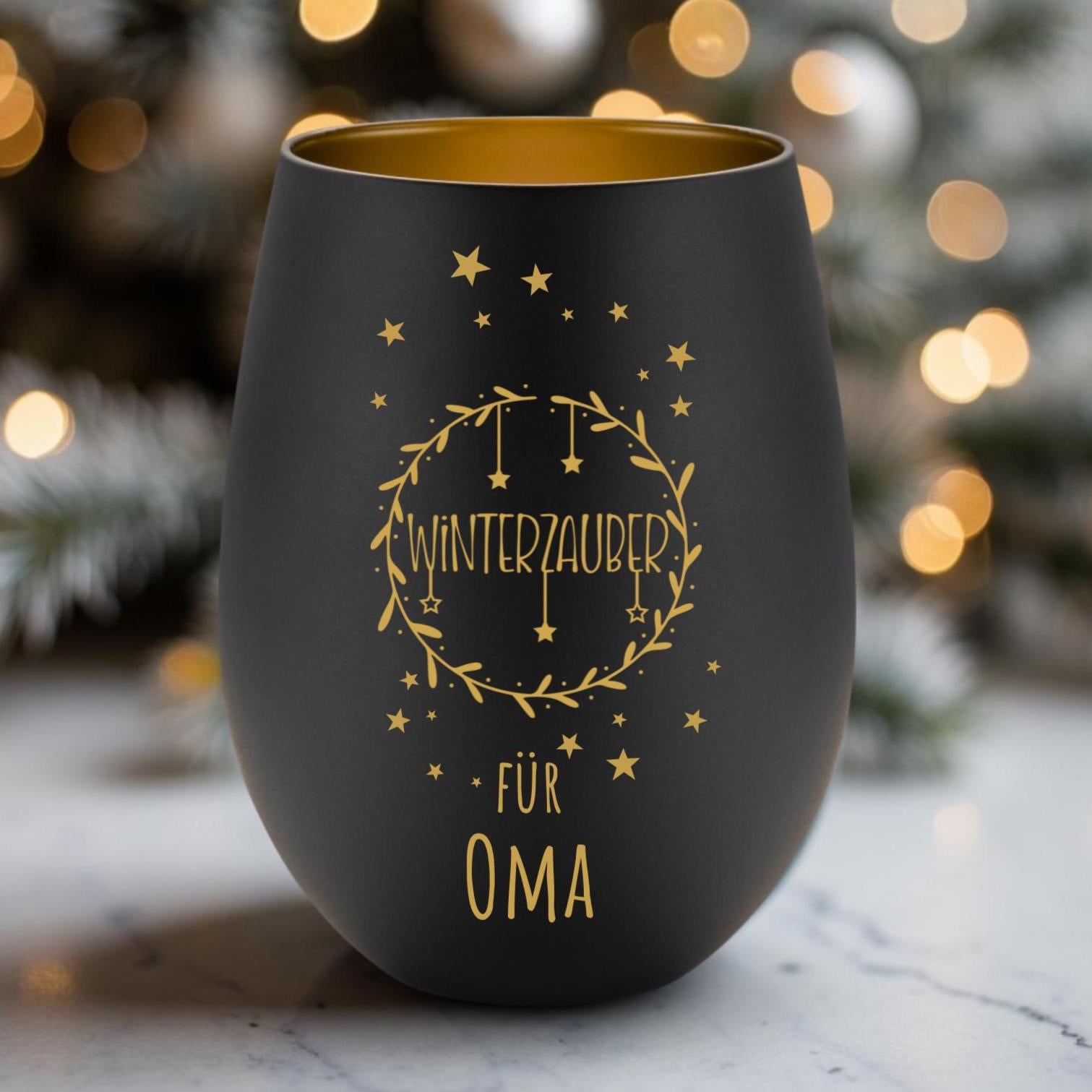 Windlicht Weihnachten personalisiert | schwarz gold | gelasertes Glas innen gold | außen schwarz | diverse Motive mit Deinem Namen
