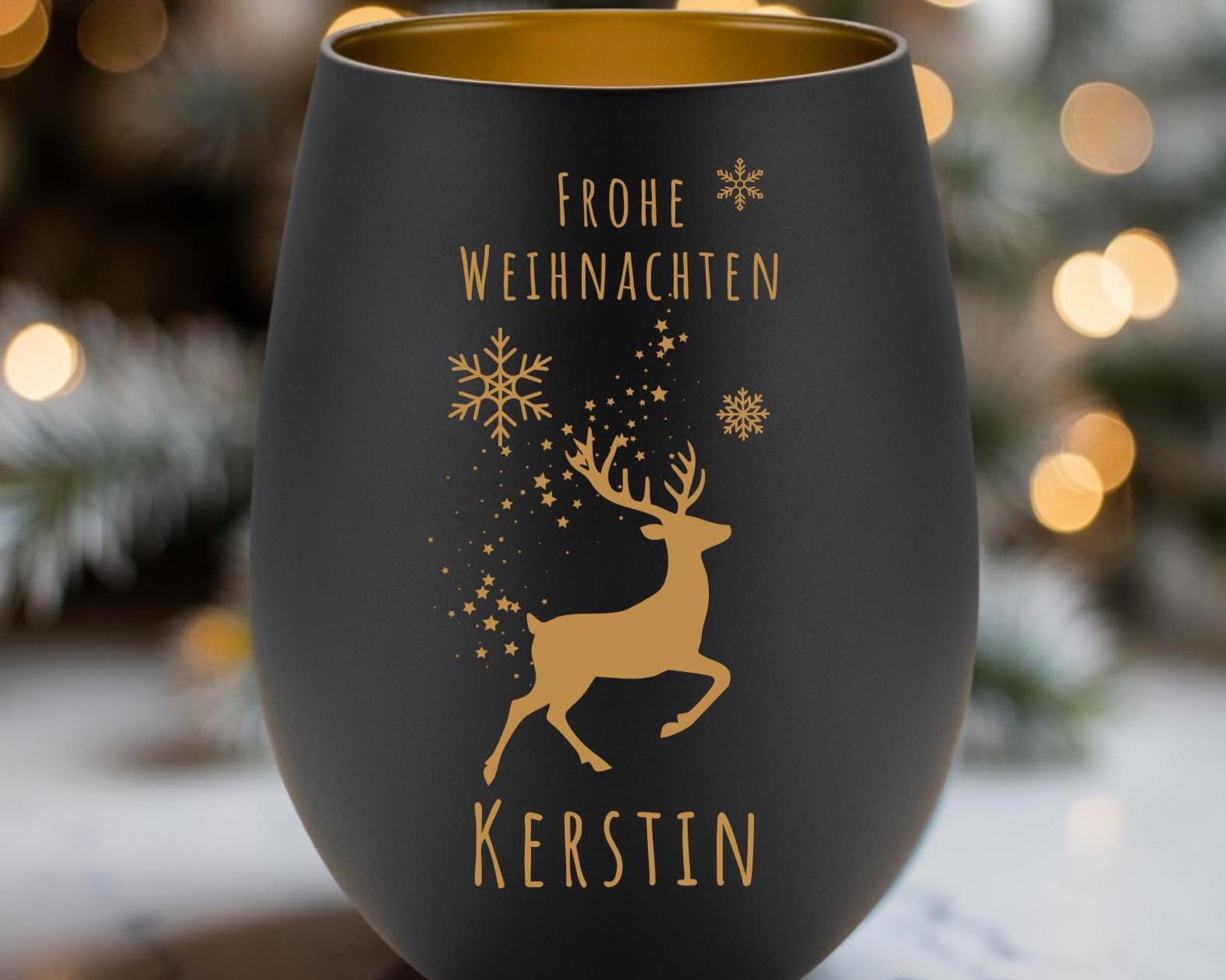 Windlicht Weihnachten personalisiert | schwarz gold | gelasertes Glas innen gold | außen schwarz | diverse Motive mit Deinem Namen