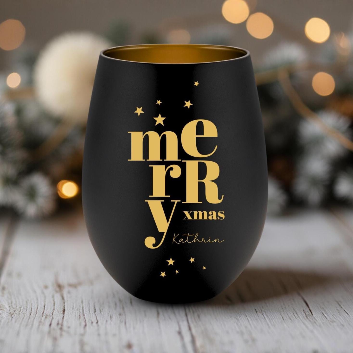 Windlicht Weihnachten personalisiert | gelasertes Glas innen gold | außen schwarz oder weiß | diverse Motive mit Deinem Namen