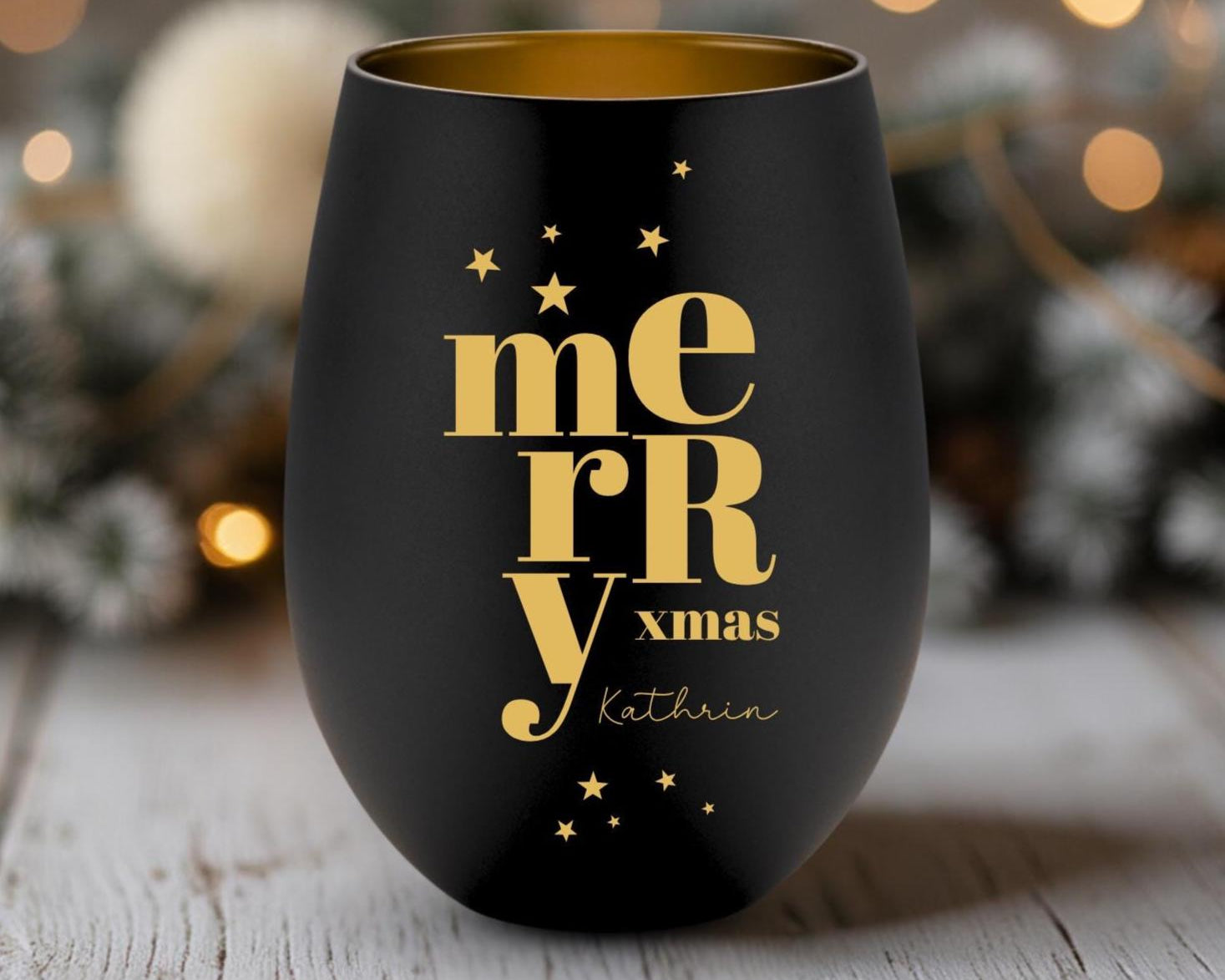 Windlicht Weihnachten personalisiert | schwarz gold | gelasertes Glas innen gold | außen schwarz | diverse Motive mit Deinem Namen