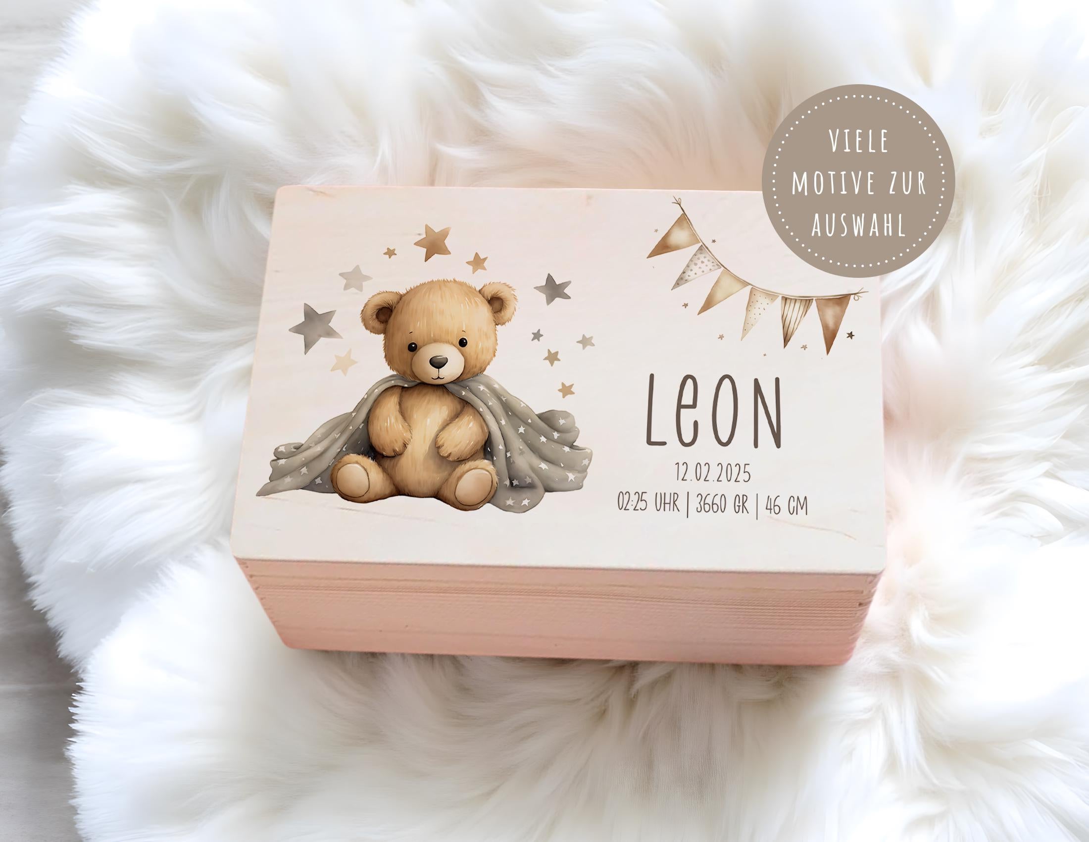 Erinnerungskiste | personalisiert | Baby | Teddy-Motiv | Holz Erinnerungsbox | Babygeschenk | Taufgeschenk | Geschenkidee zur Geburt
